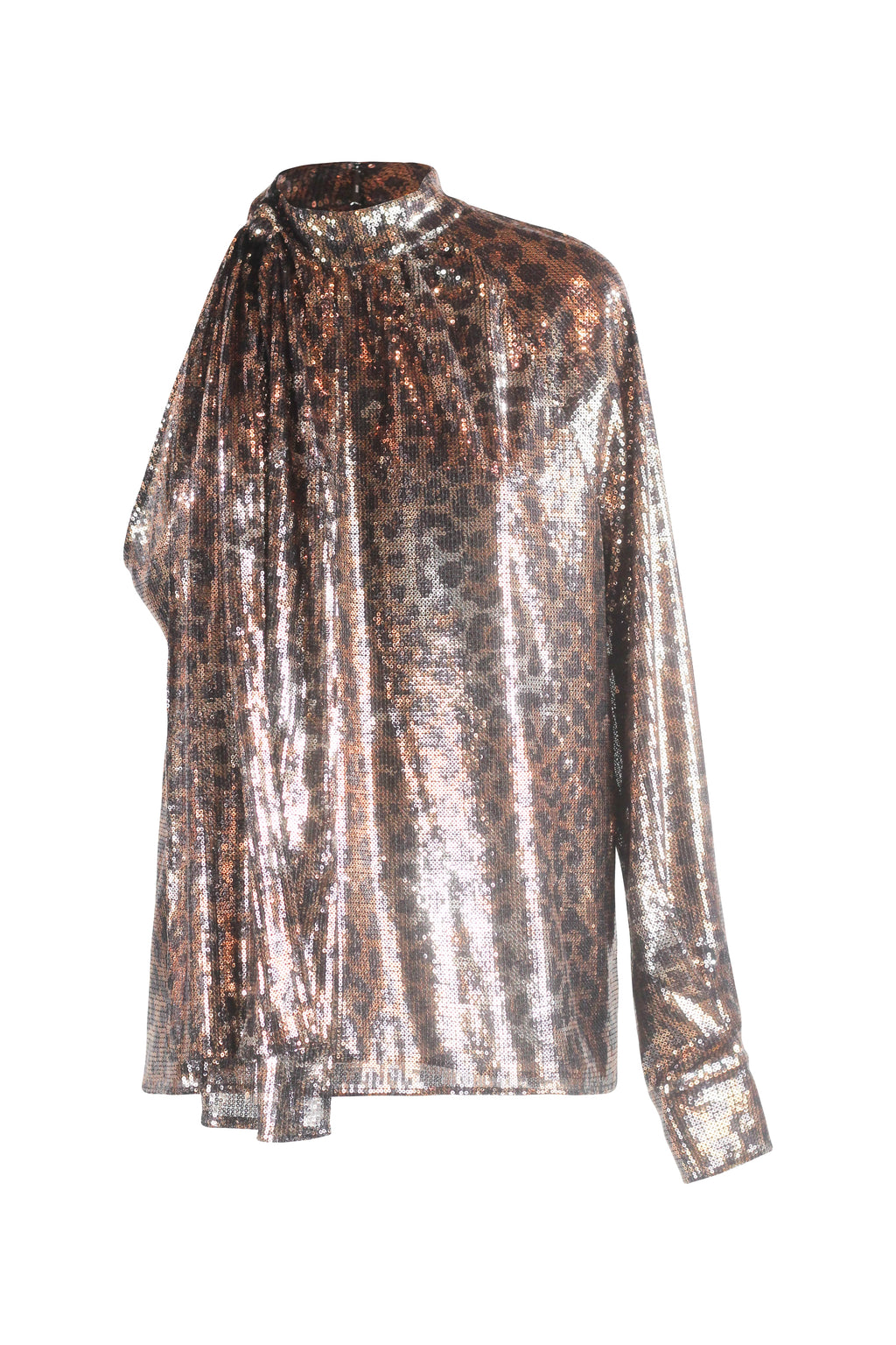 Sequin Leopard Print One-Shoulder Draped Top