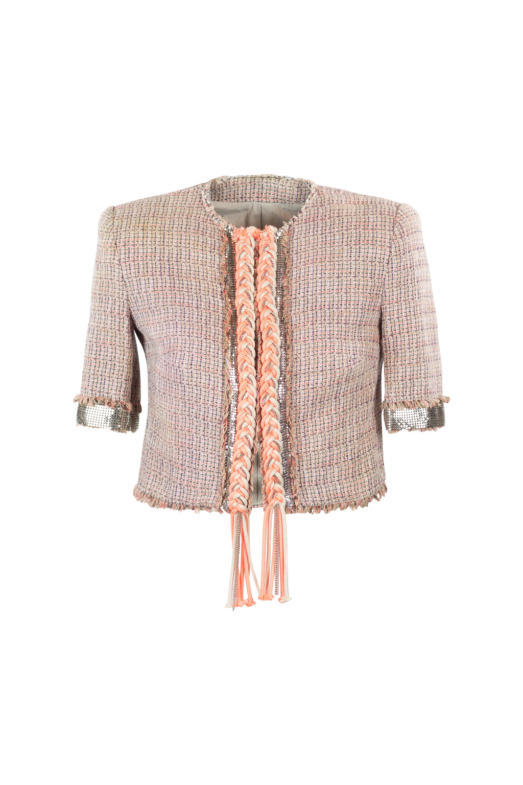 Cropped Cotton-Linen Jacket with Metallic Mesh Sleeves