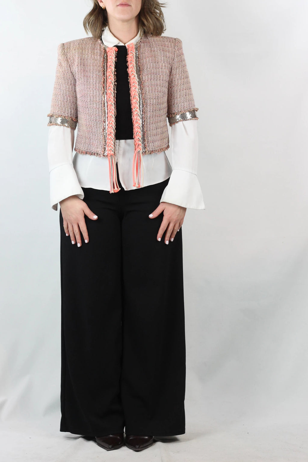 Cropped Cotton-Linen Jacket with Metallic Mesh Sleeves