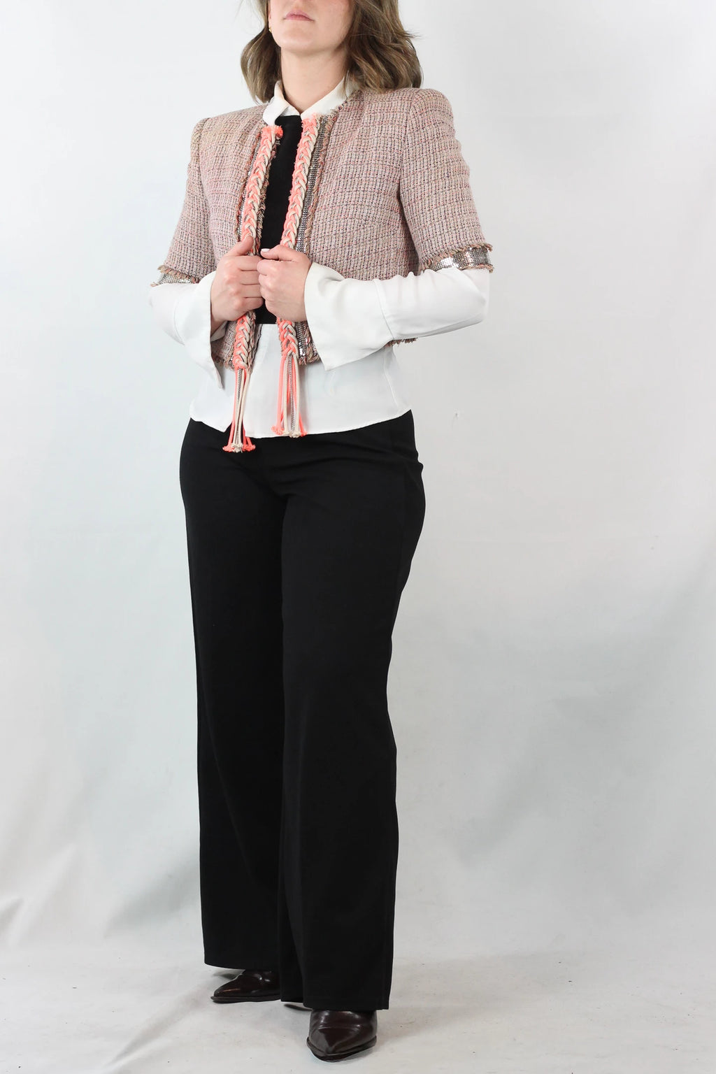 Cropped Cotton-Linen Jacket with Metallic Mesh Sleeves