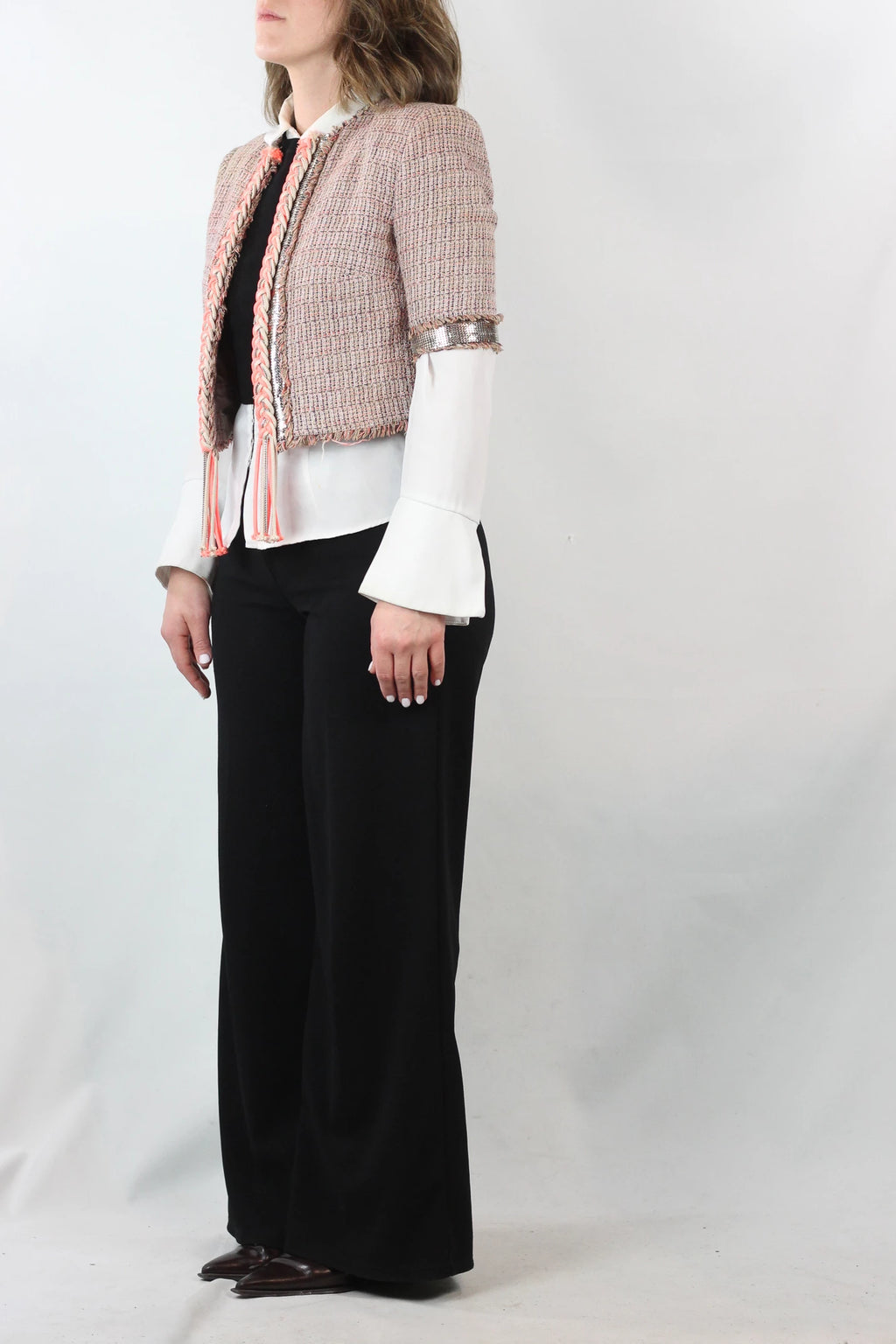 Cropped Cotton-Linen Jacket with Metallic Mesh Sleeves