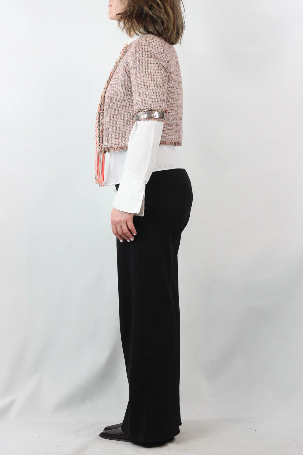 Cropped Cotton-Linen Jacket with Metallic Mesh Sleeves