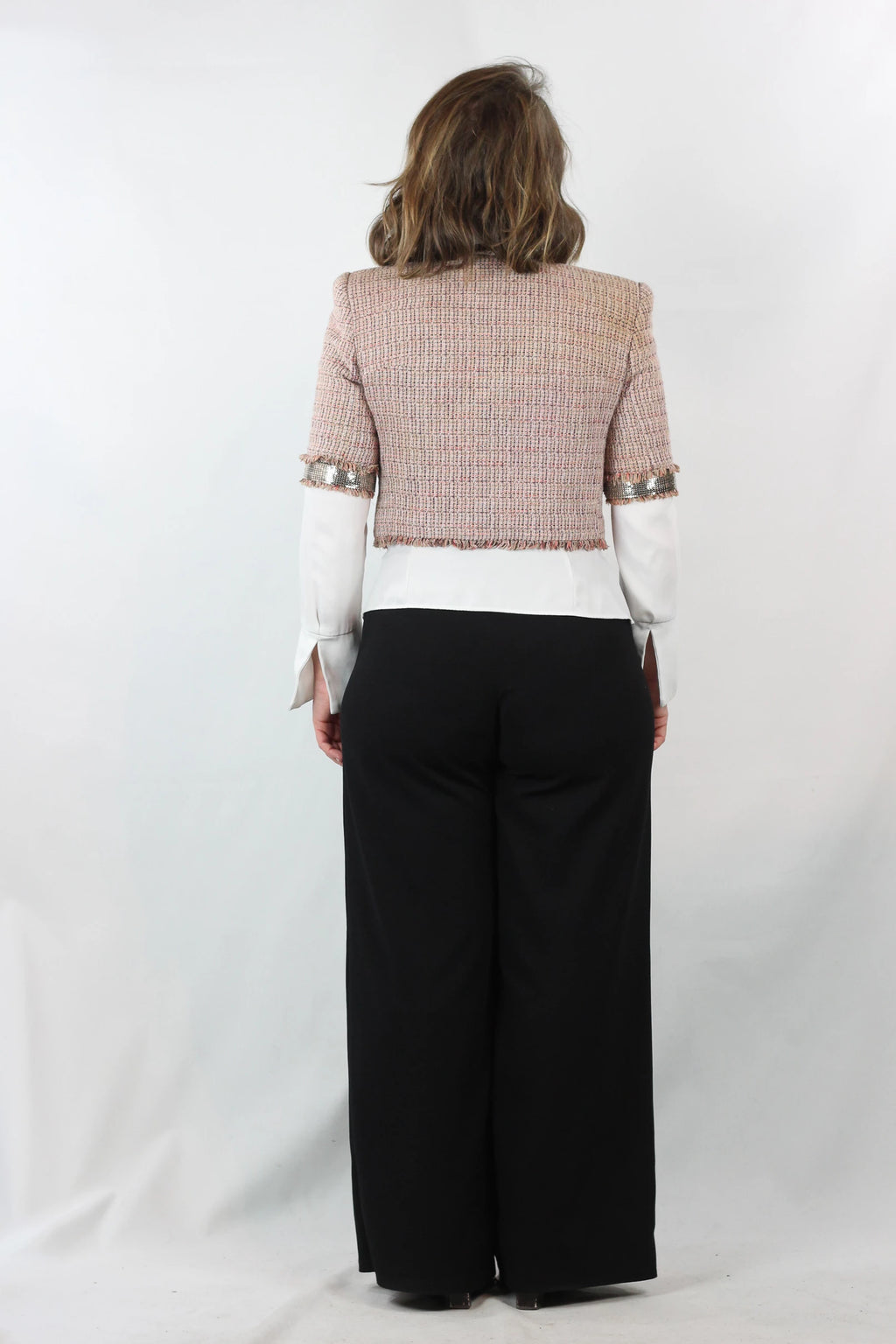 Cropped Cotton-Linen Jacket with Metallic Mesh Sleeves