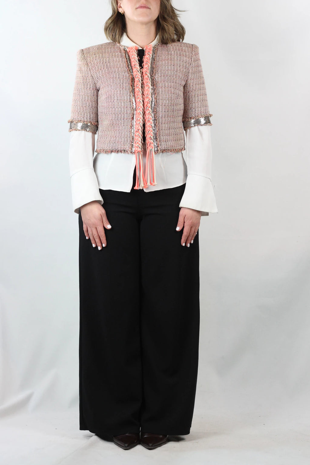 Cropped Cotton-Linen Jacket with Metallic Mesh Sleeves