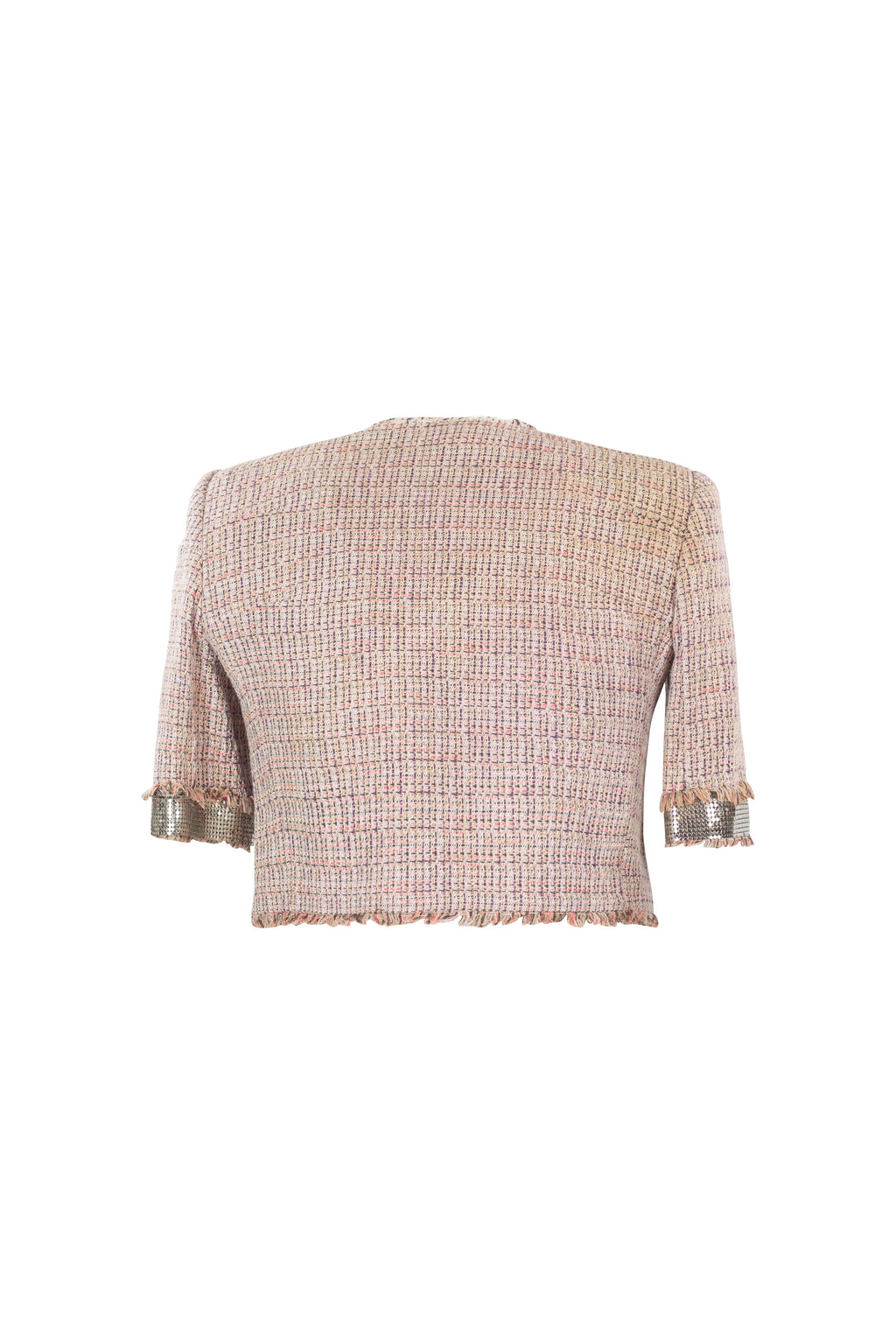 Cropped Cotton-Linen Jacket with Metallic Mesh Sleeves