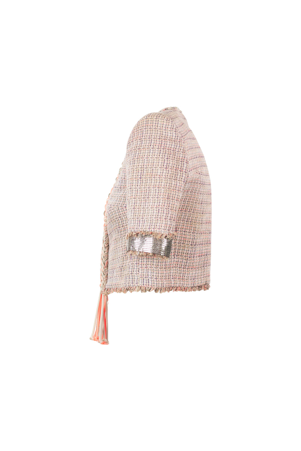 Cropped Cotton-Linen Jacket with Metallic Mesh Sleeves