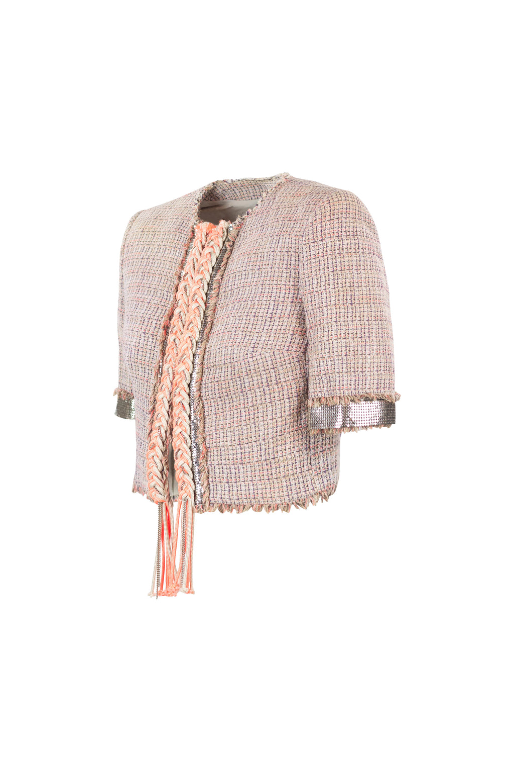 Cropped Cotton-Linen Jacket with Metallic Mesh Sleeves