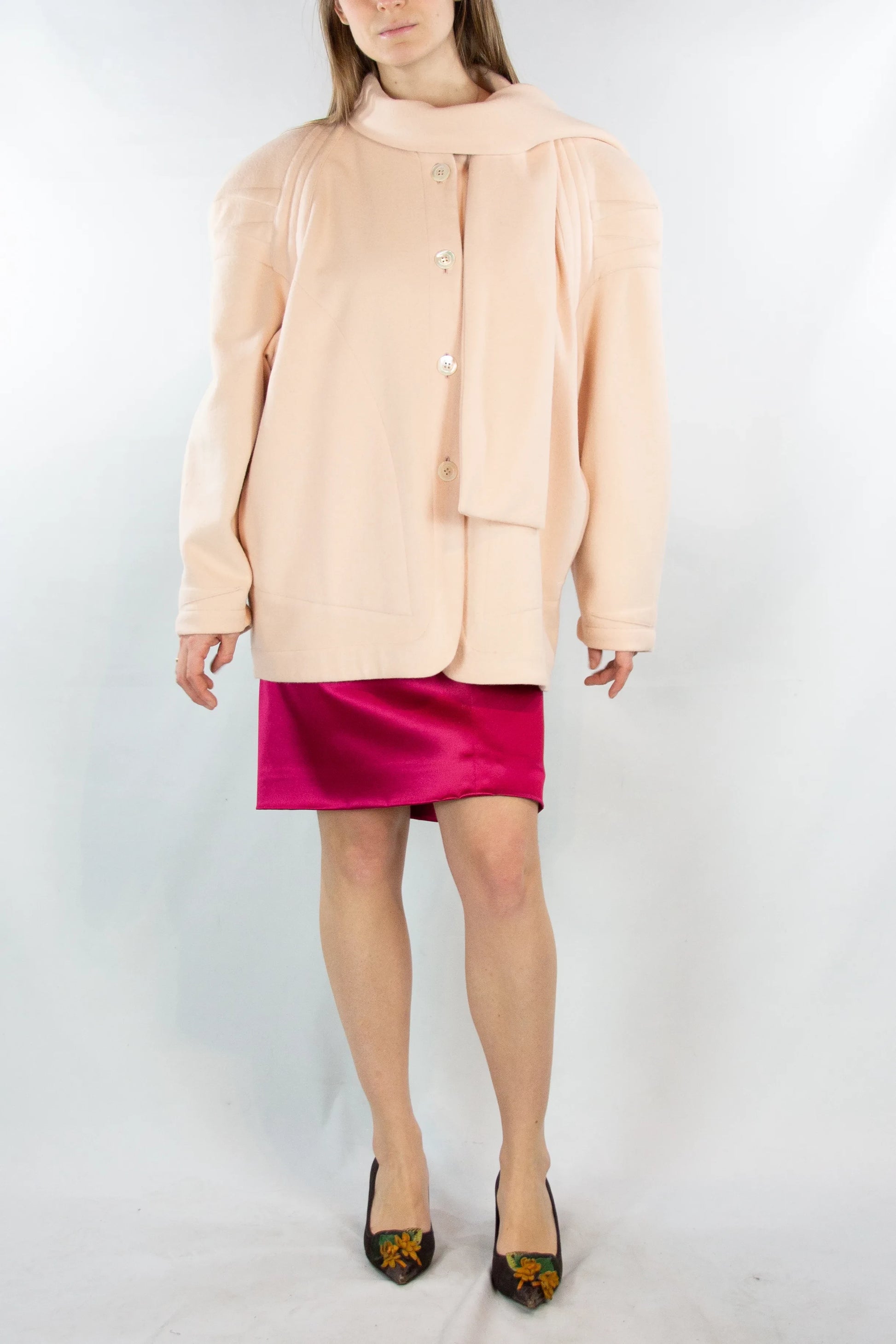 Wool Coat with Oversized Shoulders and Neck Scarf