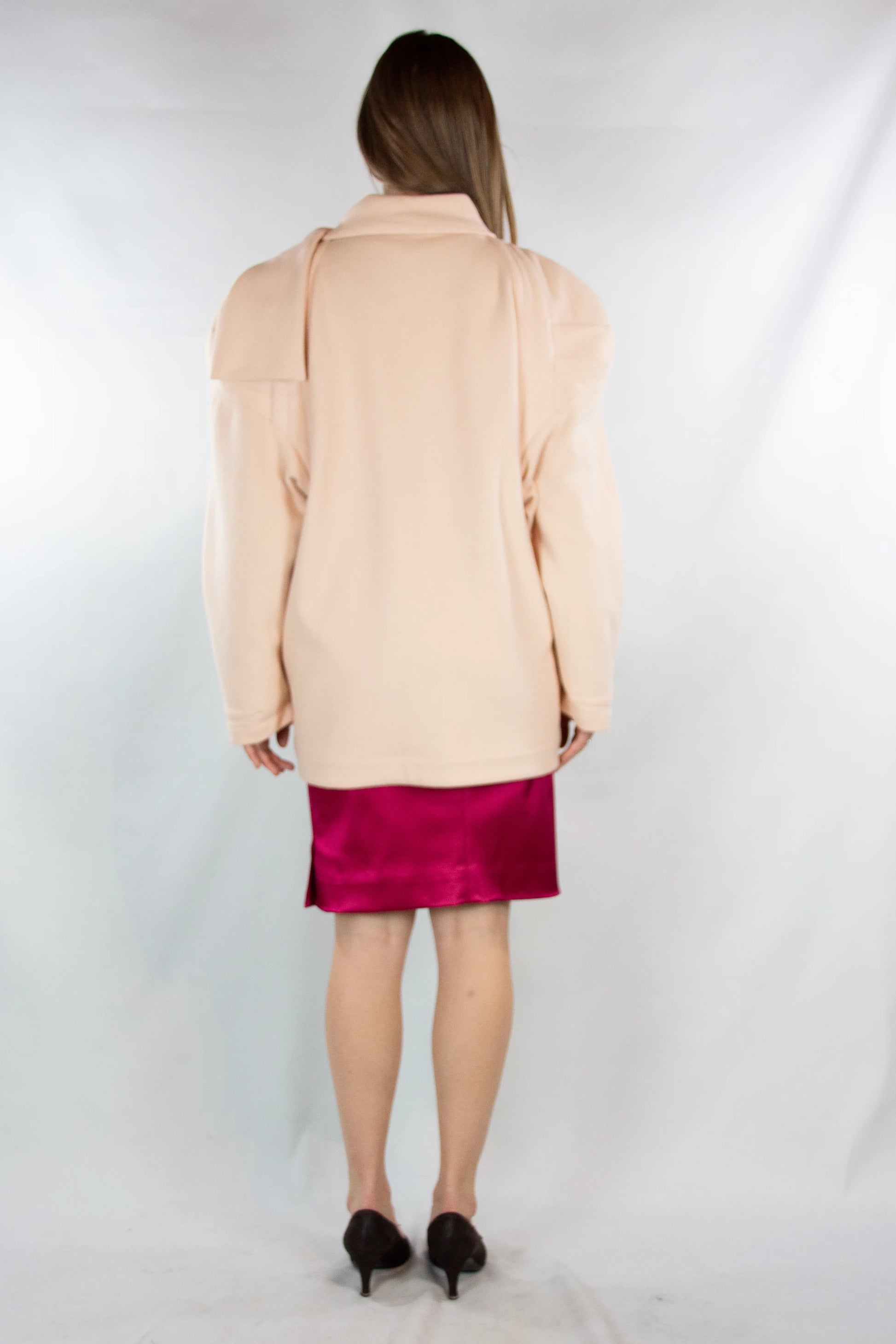 Wool Coat with Oversized Shoulders and Neck Scarf