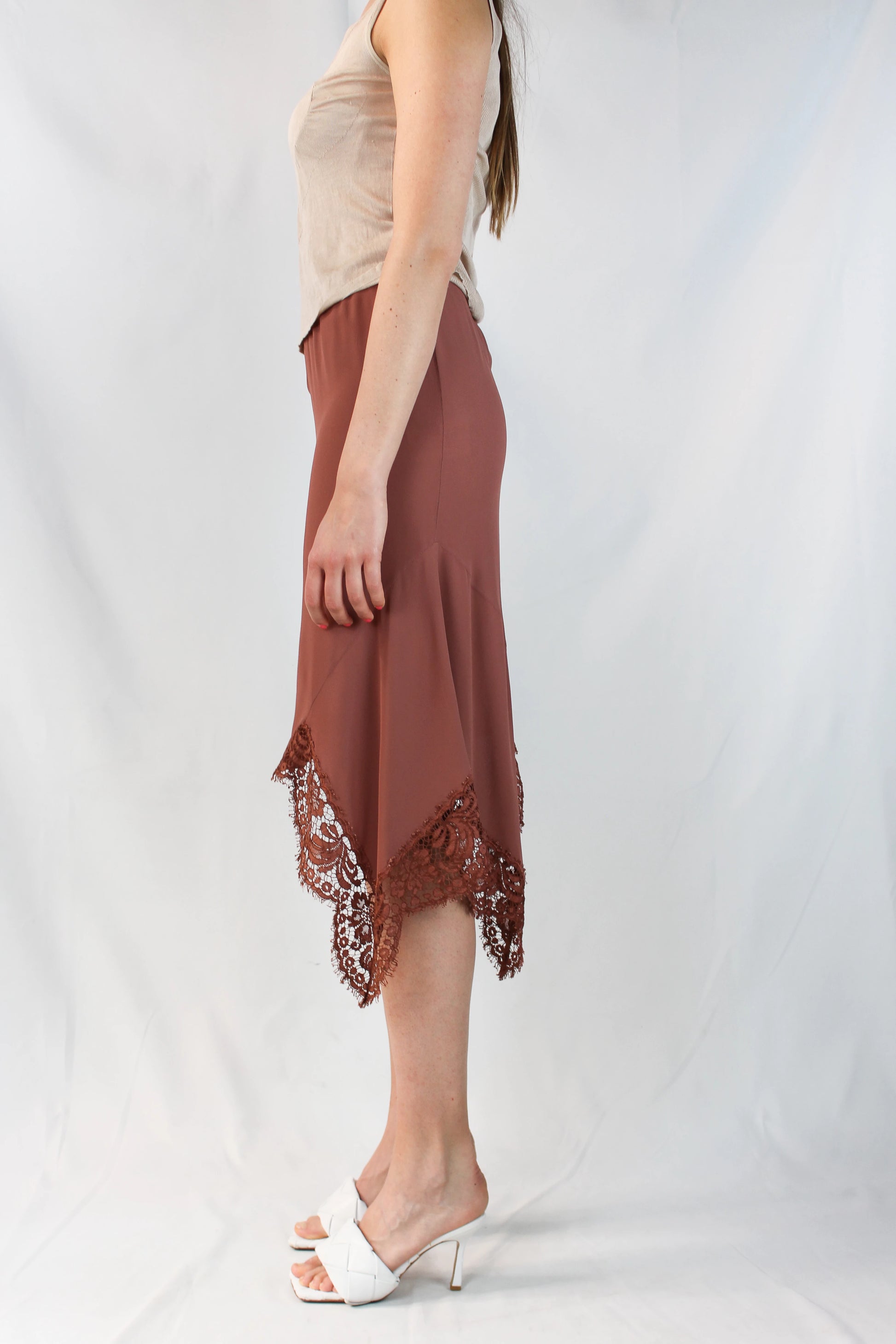 Dusty pink asymmetric silk blend skirt with lace trim