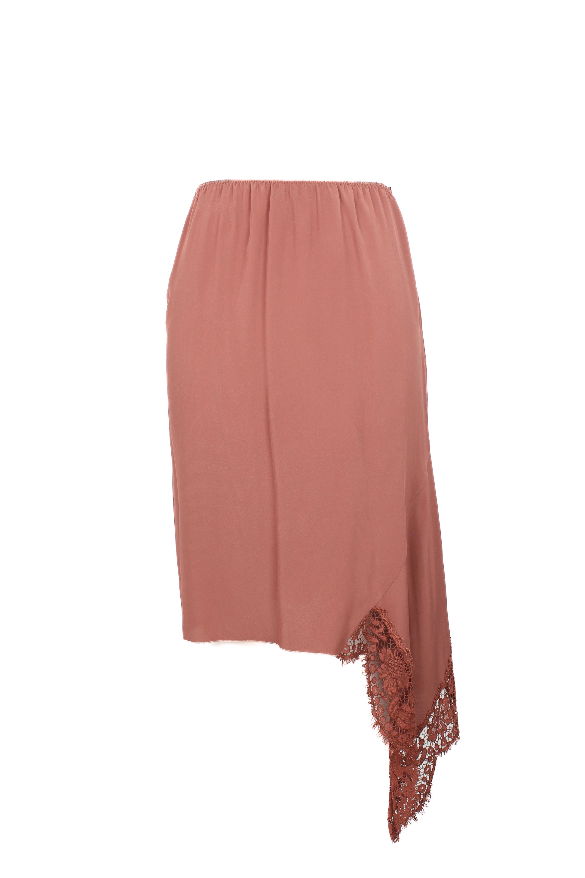 Dusty pink asymmetric silk blend skirt with lace trim