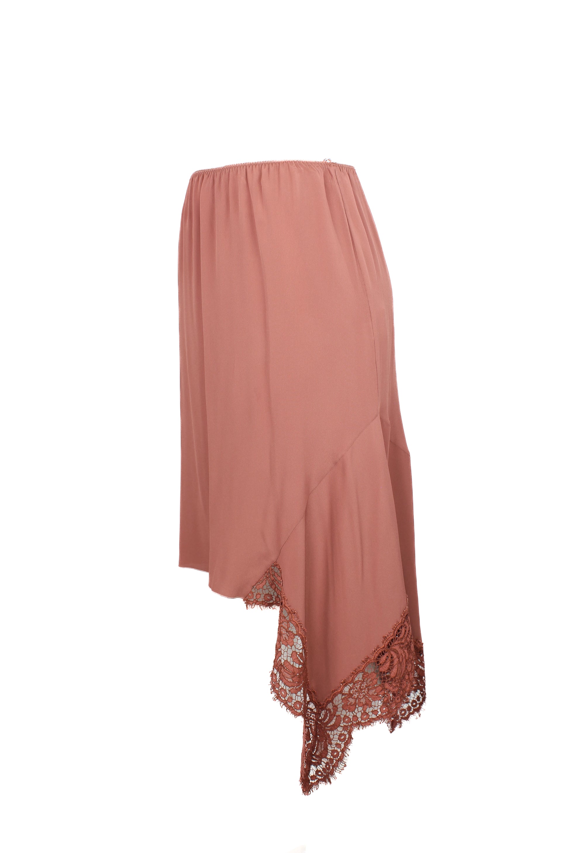 Dusty pink asymmetric silk blend skirt with lace trim