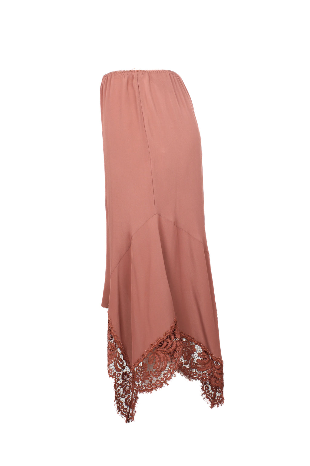 Dusty pink asymmetric silk blend skirt with lace trim