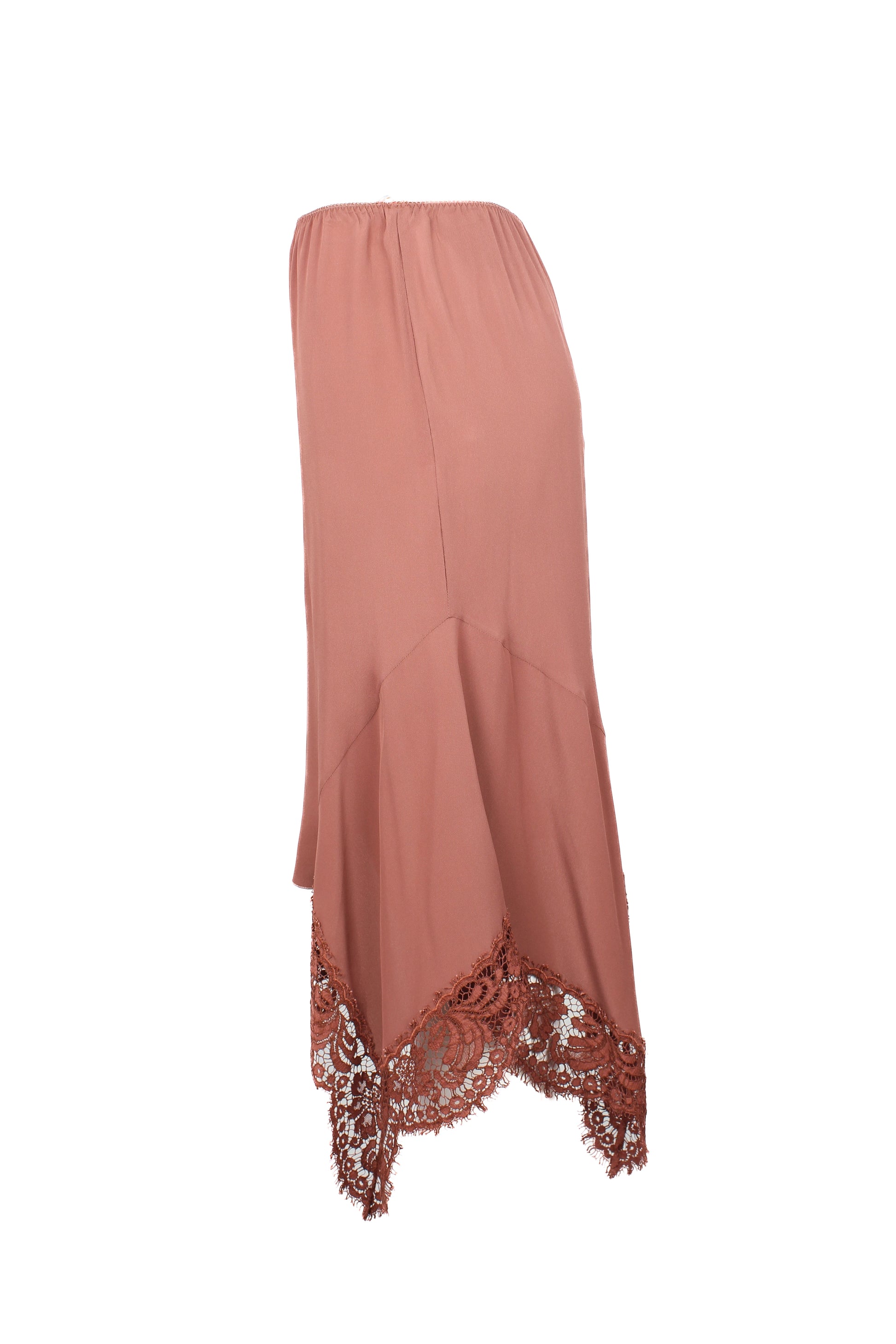 Dusty pink asymmetric silk blend skirt with lace trim