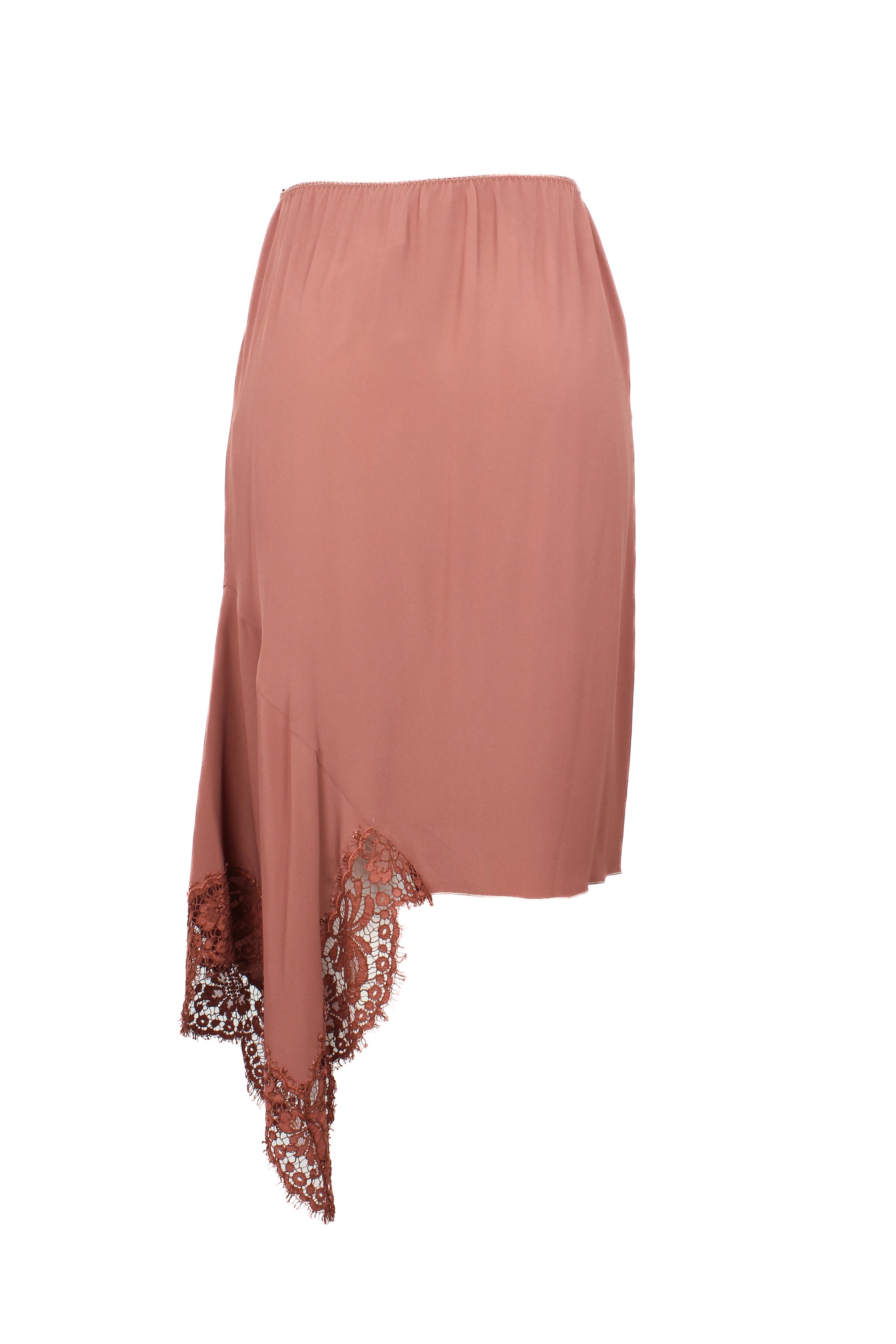 Dusty pink asymmetric silk blend skirt with lace trim