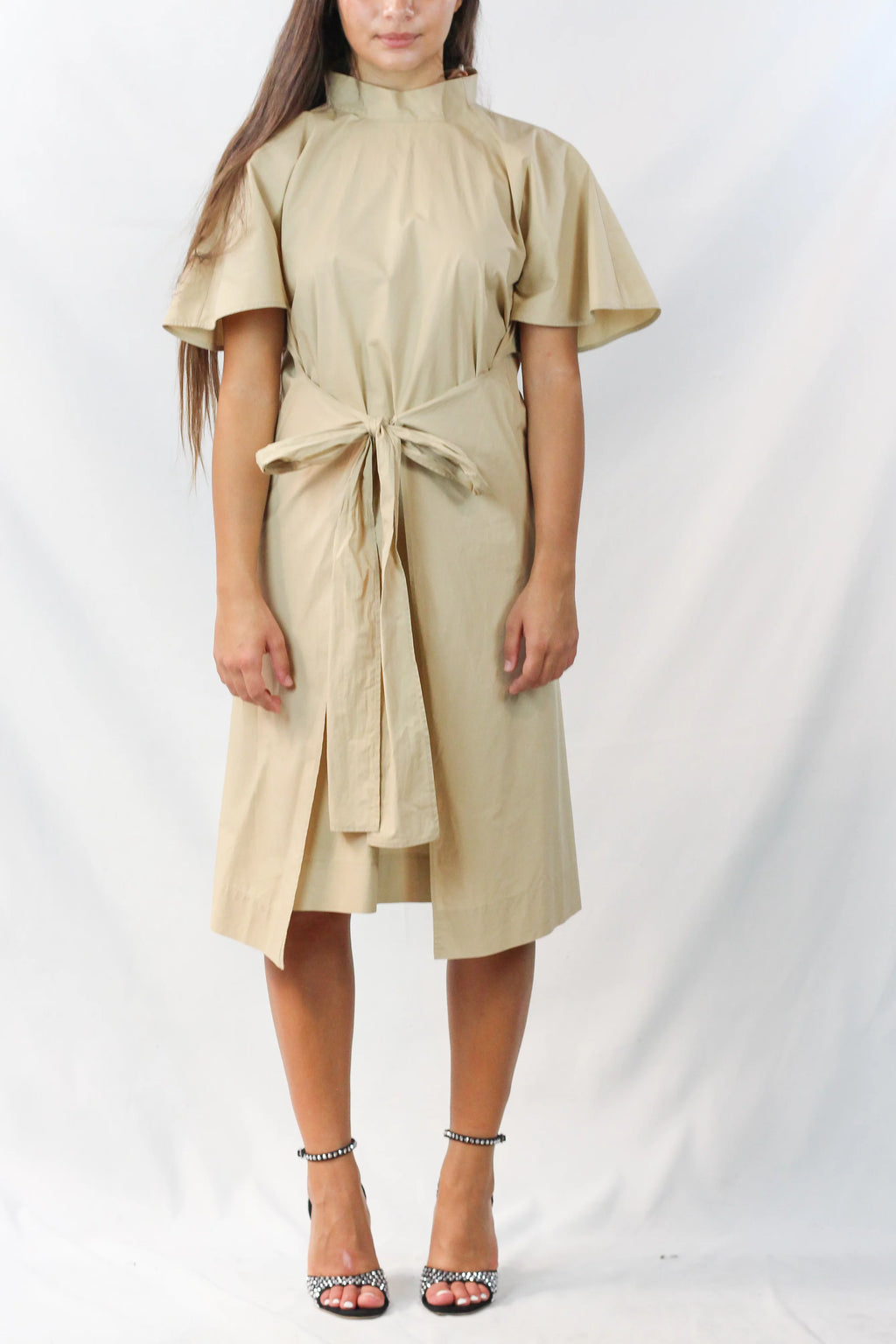 Beige Cotton Cape-Sleeve Wrap Dress