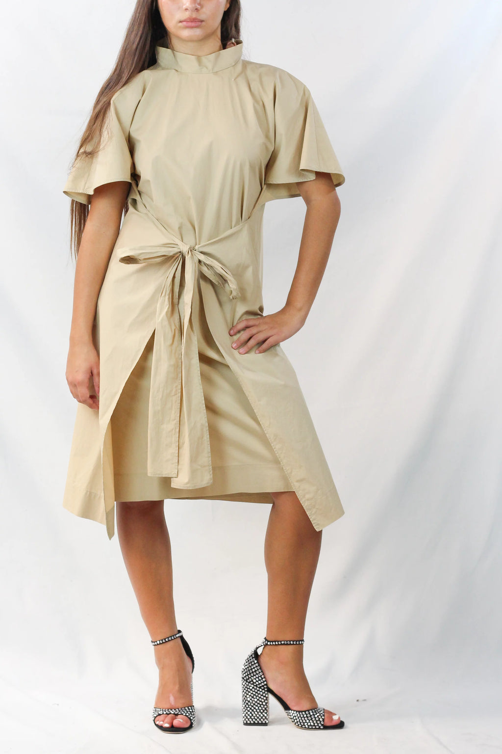 Beige Cotton Cape-Sleeve Wrap Dress