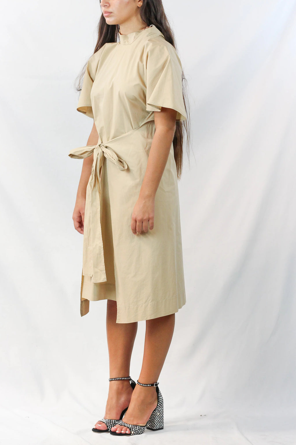 Beige Cotton Cape-Sleeve Wrap Dress