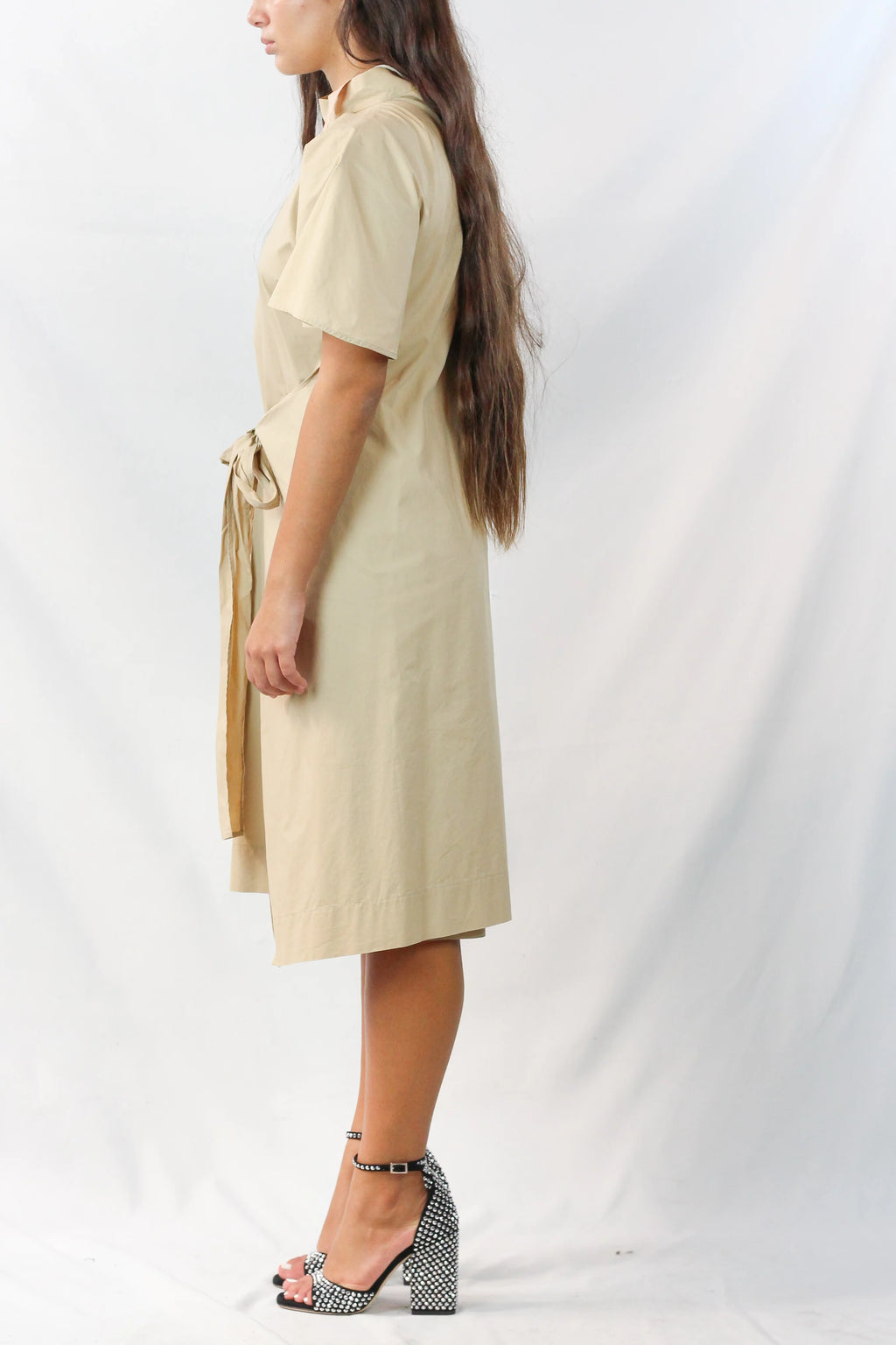 Beige Cotton Cape-Sleeve Wrap Dress