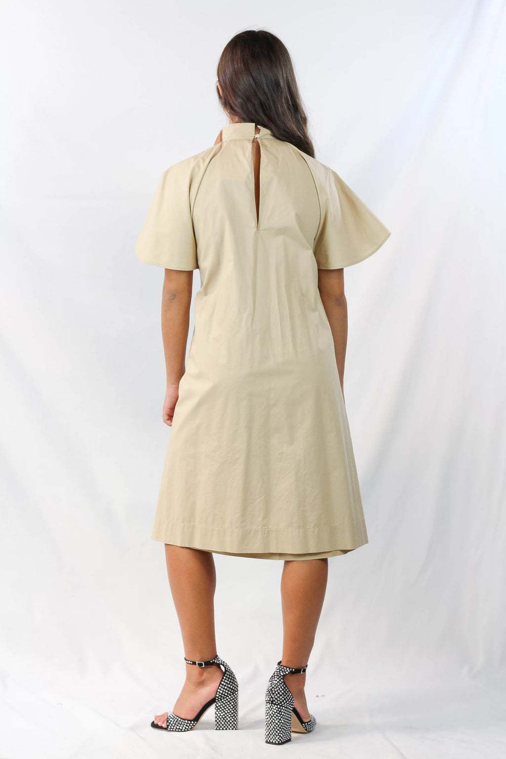 Beige Cotton Cape-Sleeve Wrap Dress