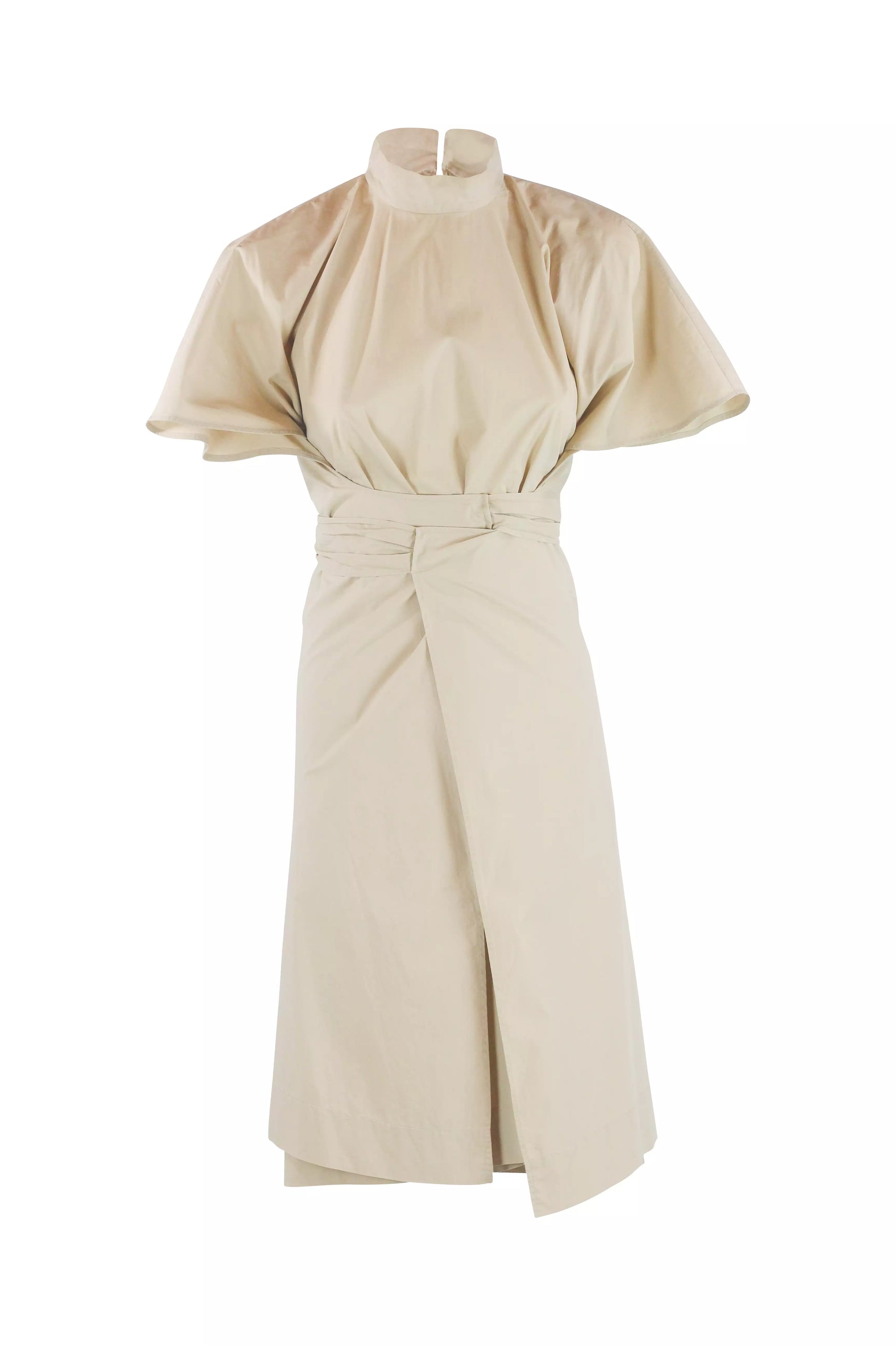 Beige Cotton Cape-Sleeve Wrap Dress