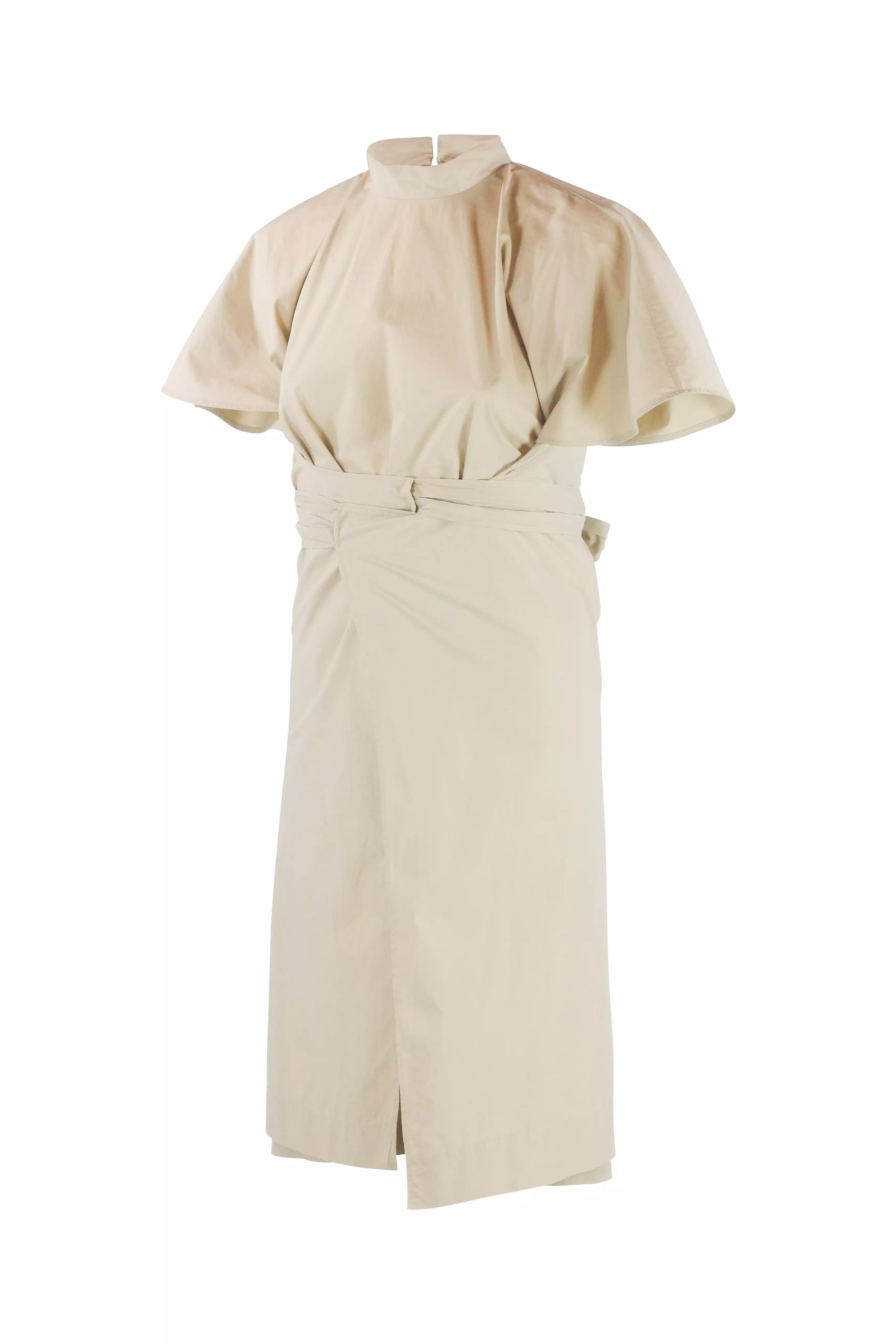 Beige Cotton Cape-Sleeve Wrap Dress