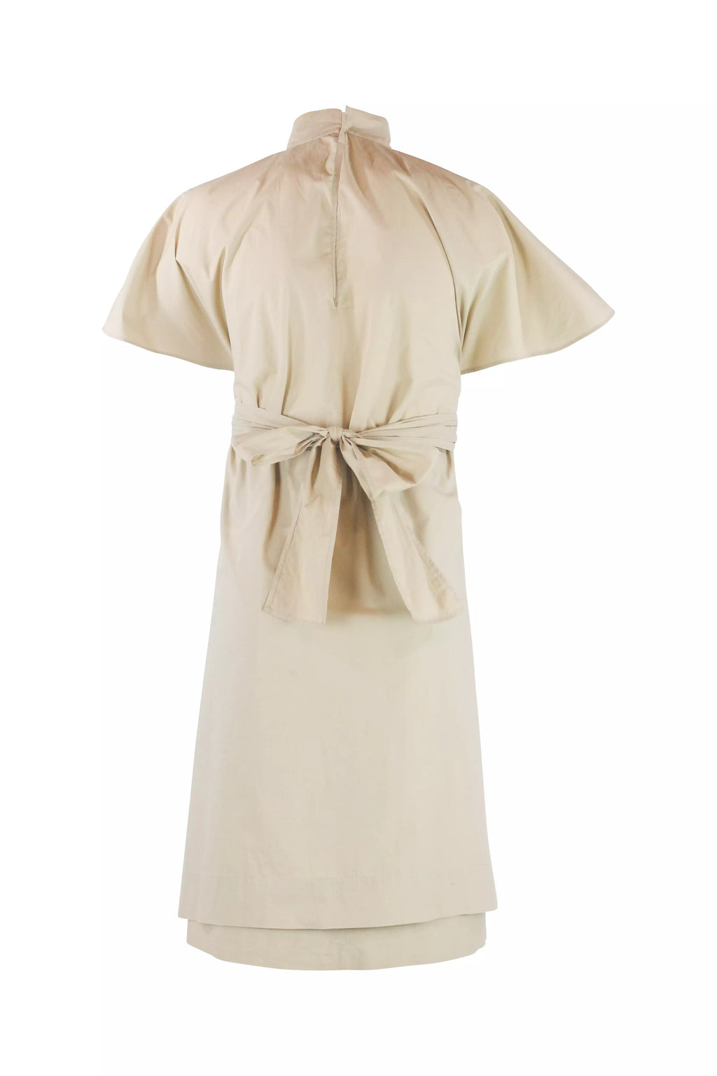 Beige Cotton Cape-Sleeve Wrap Dress
