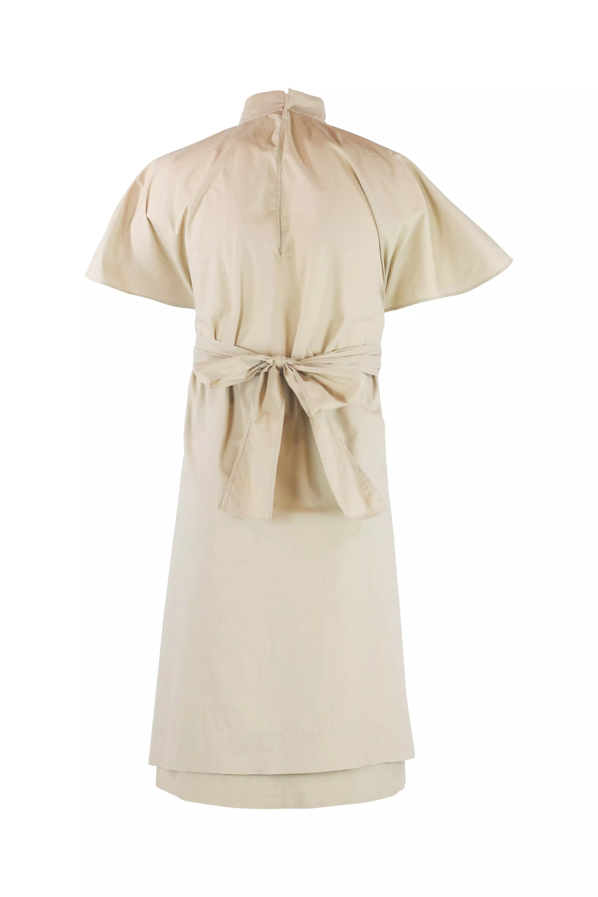 Beige Cotton Cape-Sleeve Wrap Dress