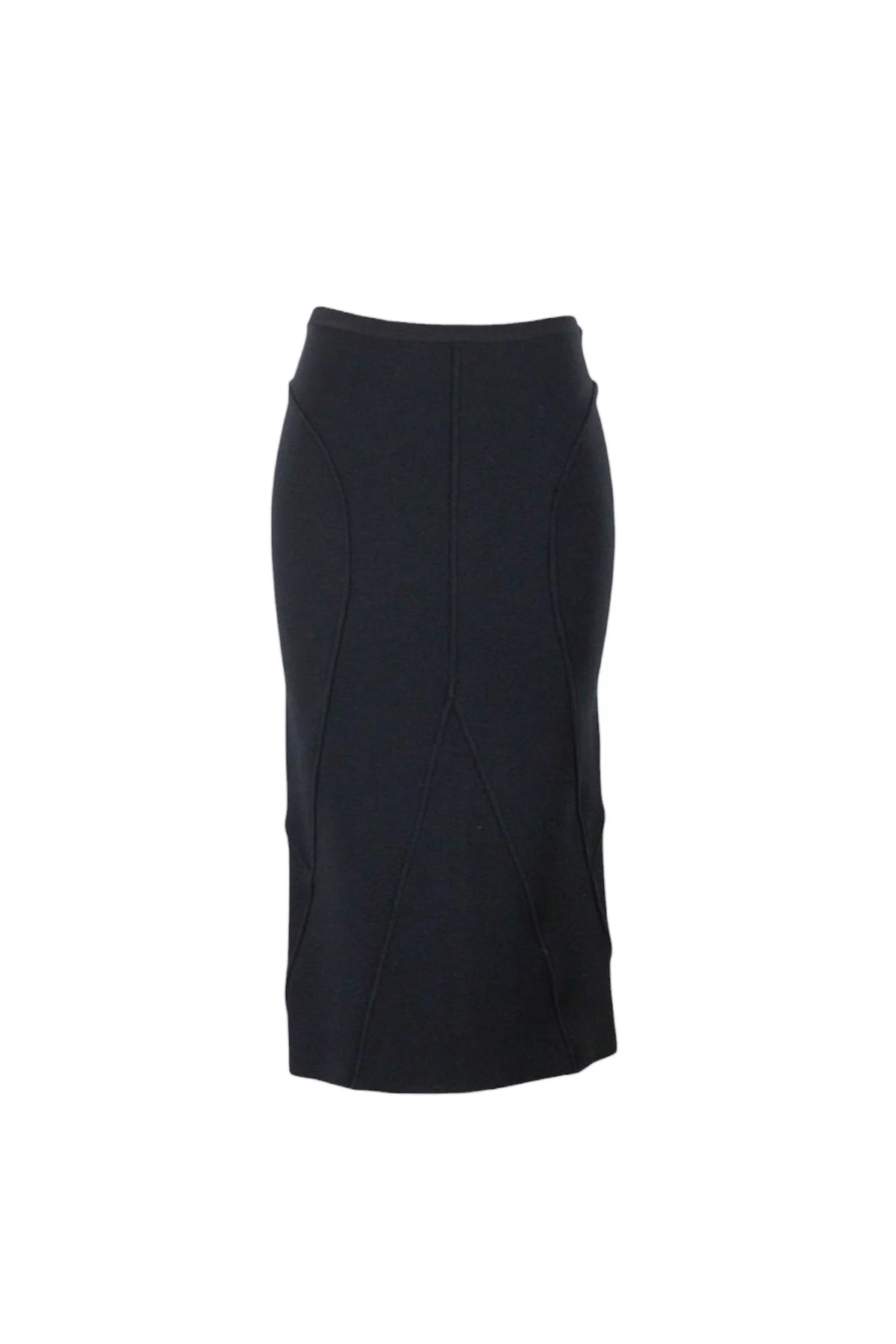 Wool Stretch Pencil Midi Skirt in Black