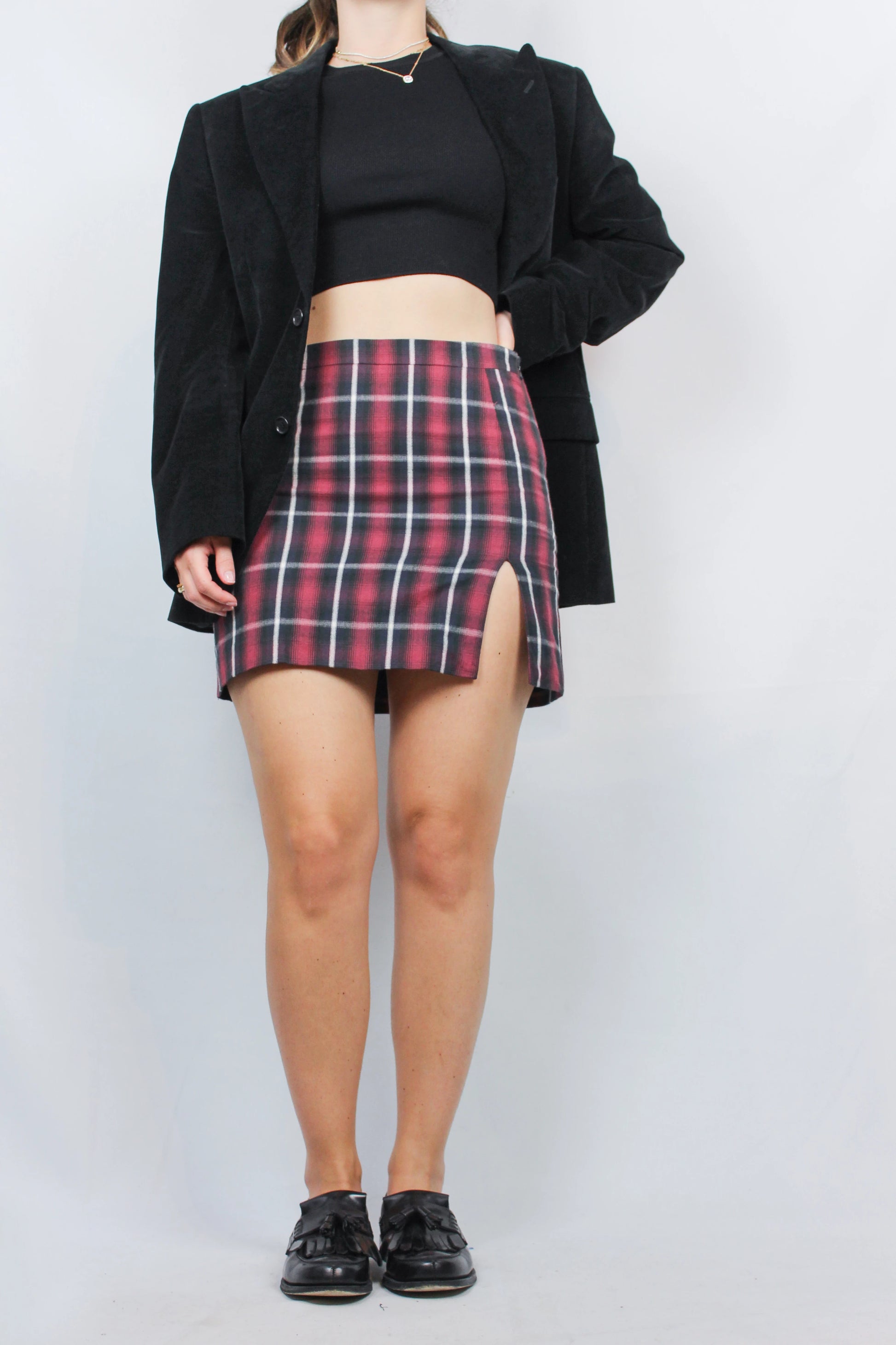 Checked flannel mini skirt with side slit FW2013