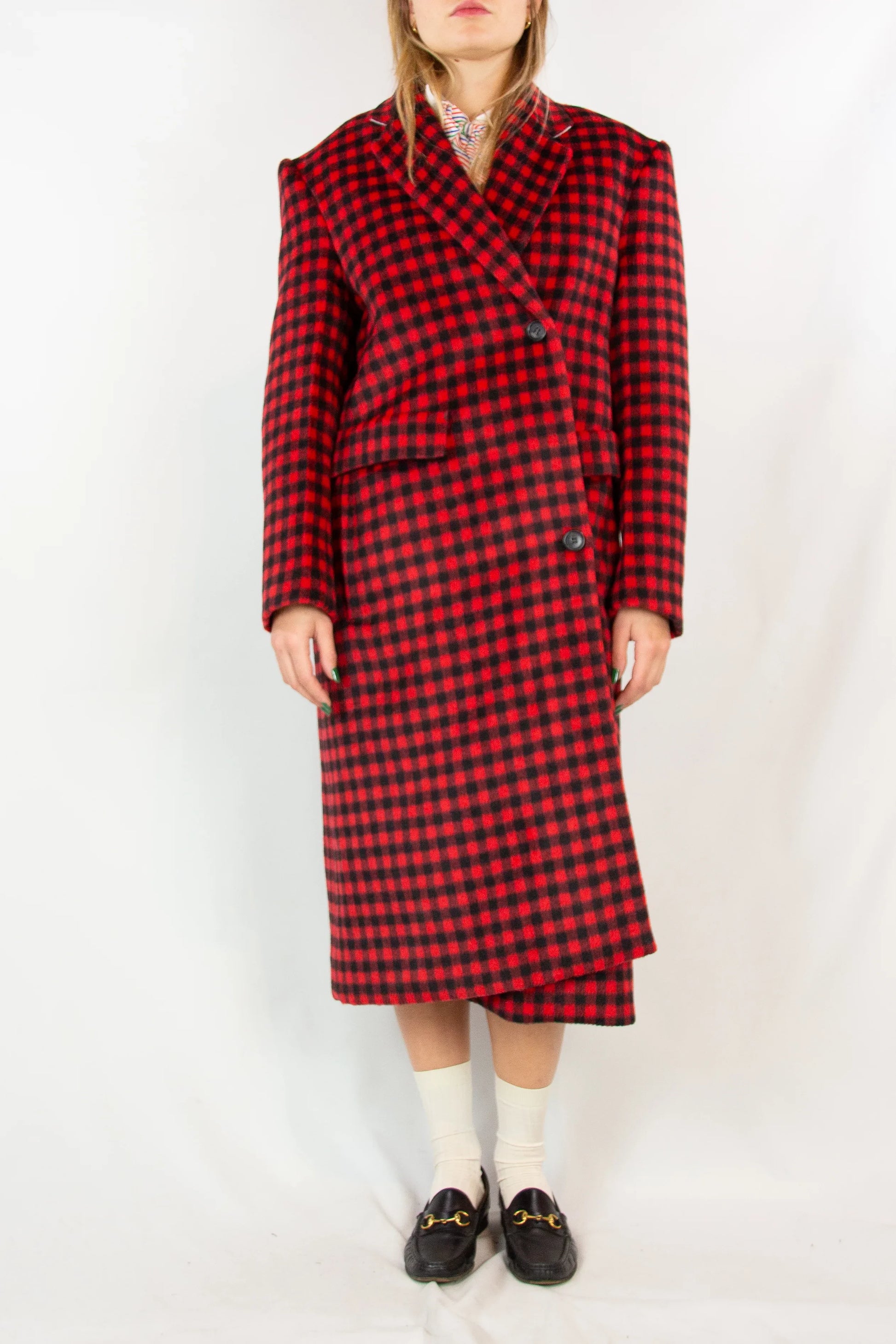 Black and Red Check Coat with Asymmetric Fastening Pre-fall2022