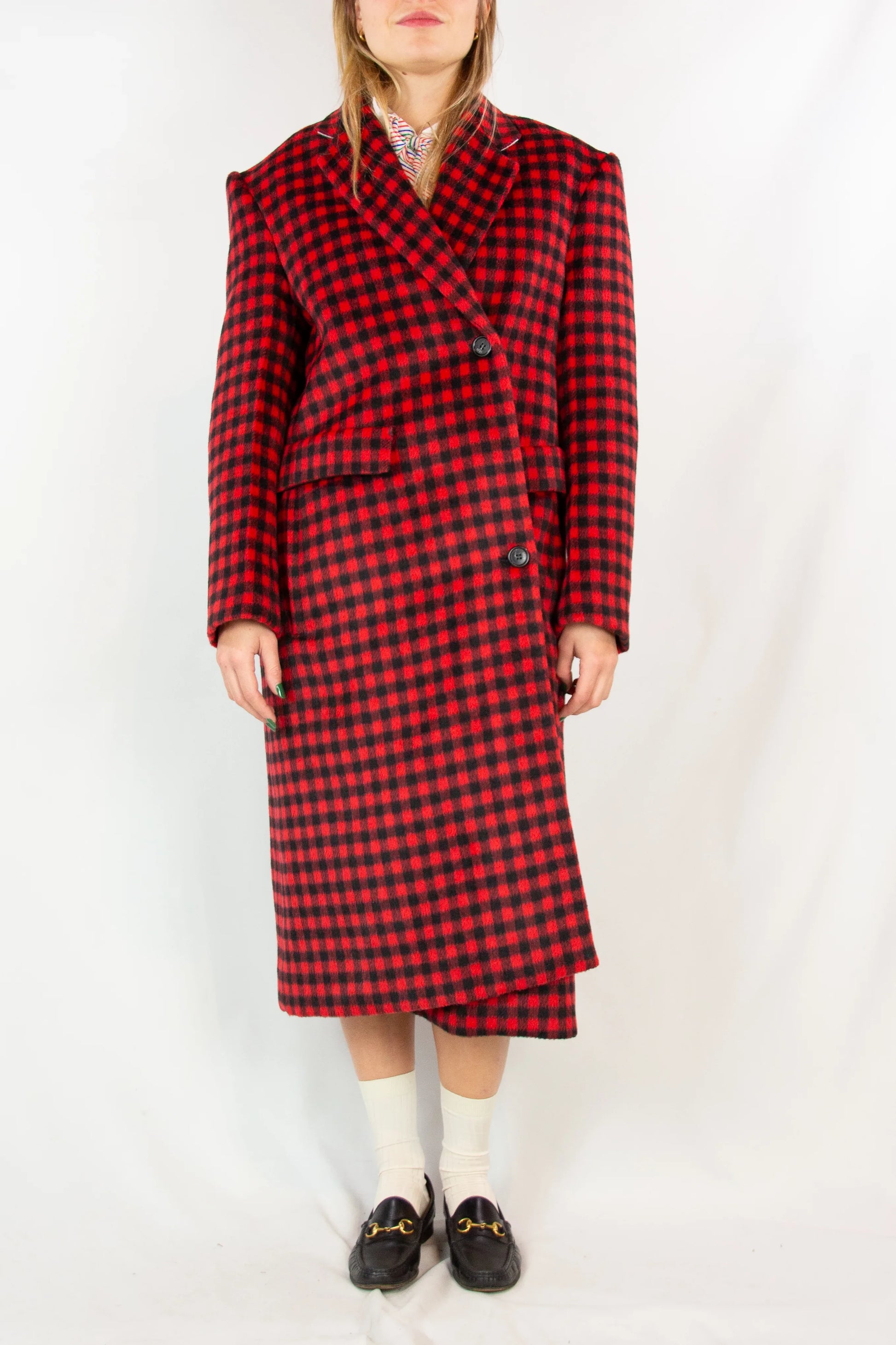 Black and Red Check Coat with Asymmetric Fastening Pre-fall2022