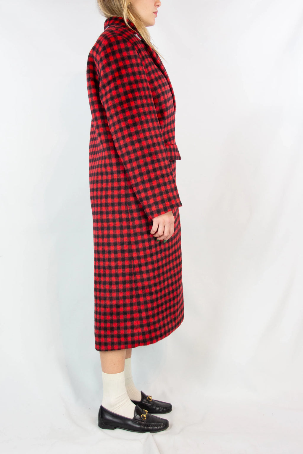 Black and Red Check Coat with Asymmetric Fastening Pre-fall2022