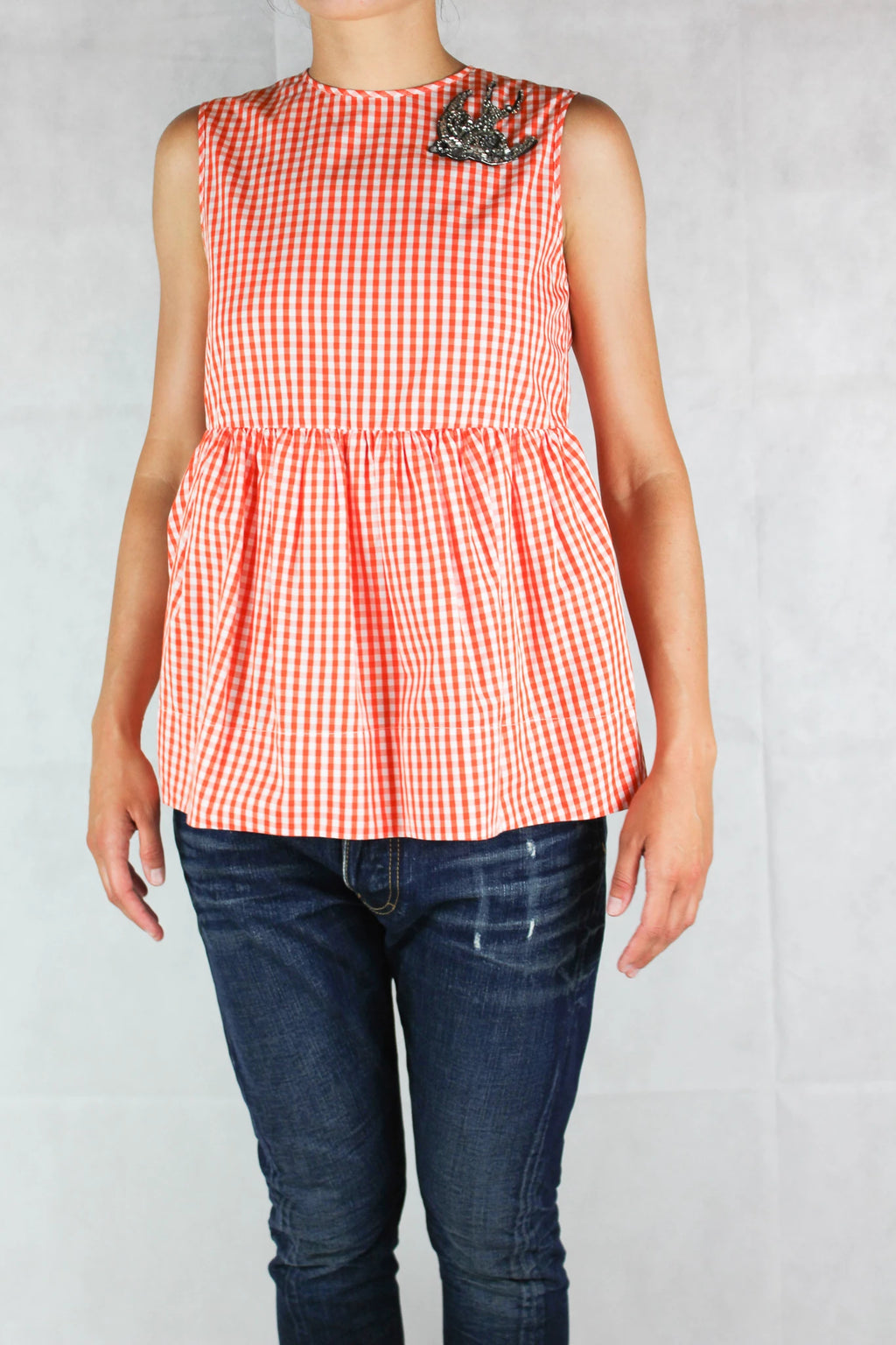 Gingham Sleeveless Top with Strass Swallow
