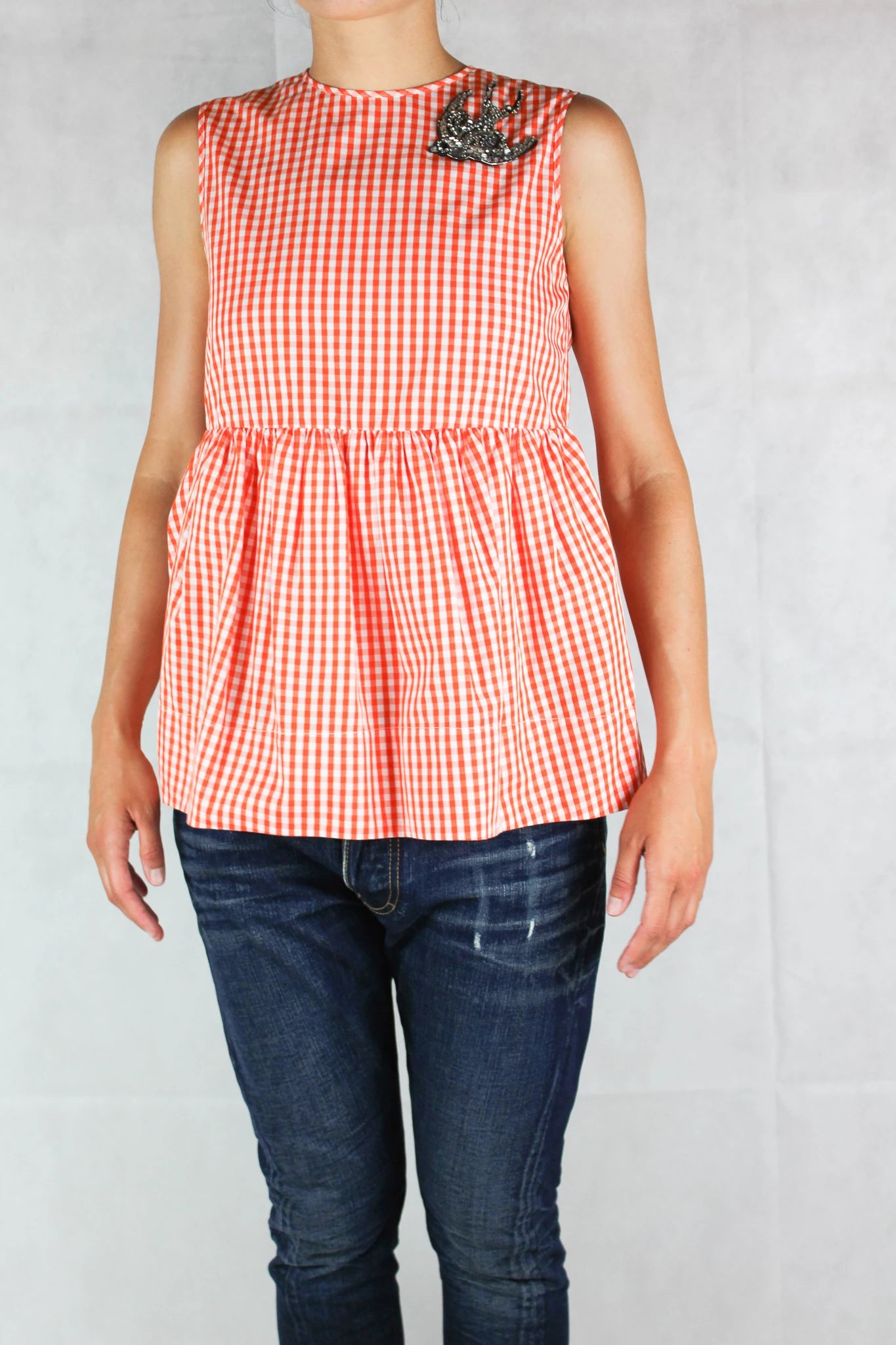 Gingham Sleeveless Top with Strass Swallow