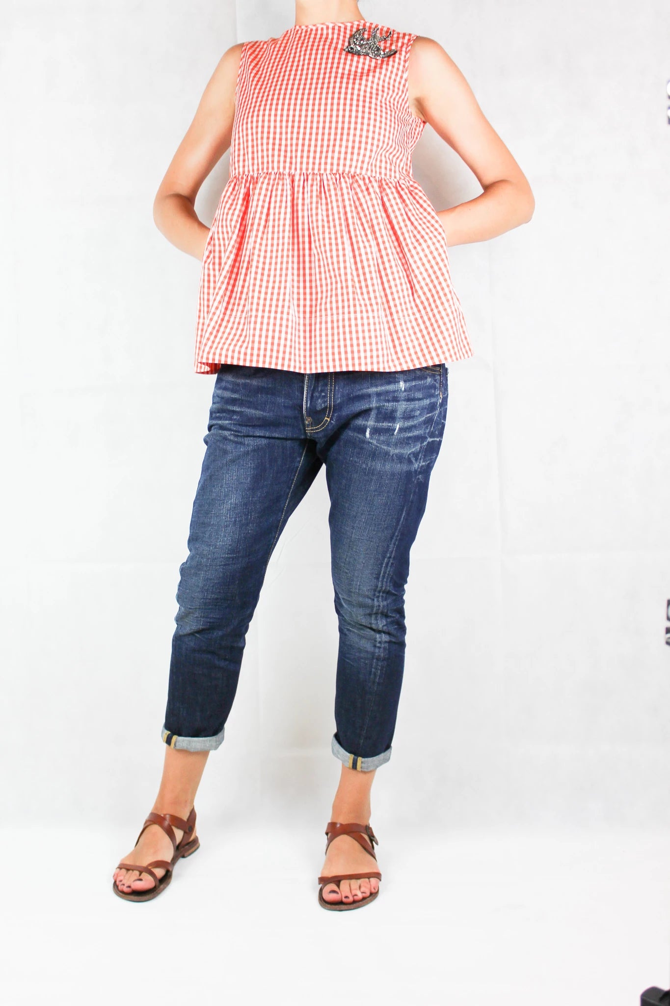 Gingham Sleeveless Top with Strass Swallow