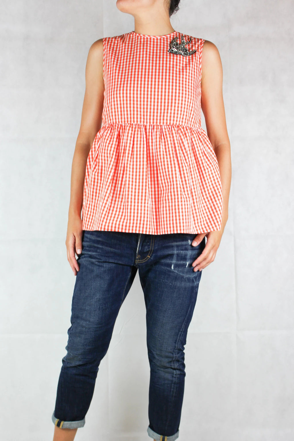 Gingham Sleeveless Top with Strass Swallow