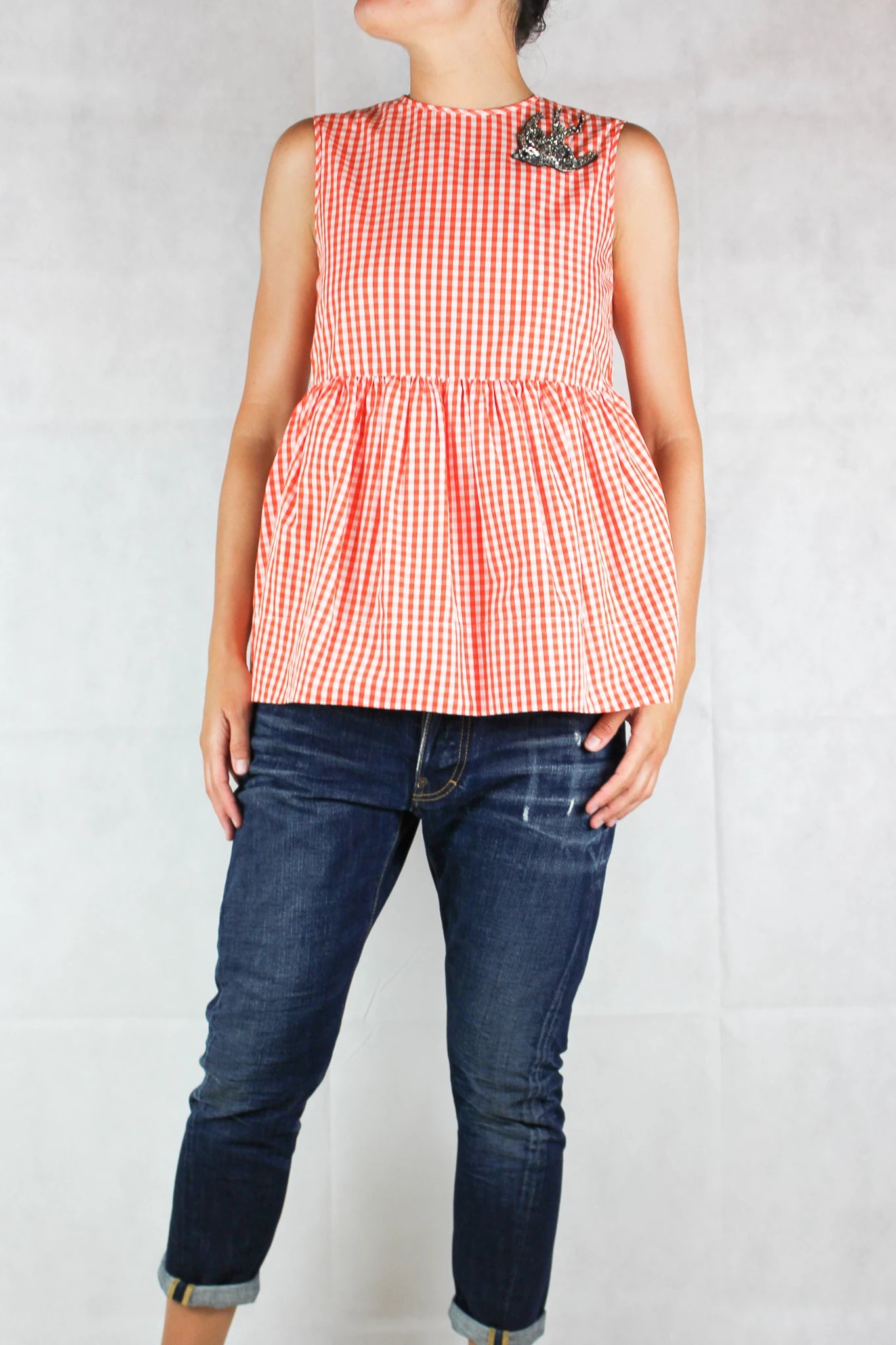 Gingham Sleeveless Top with Strass Swallow