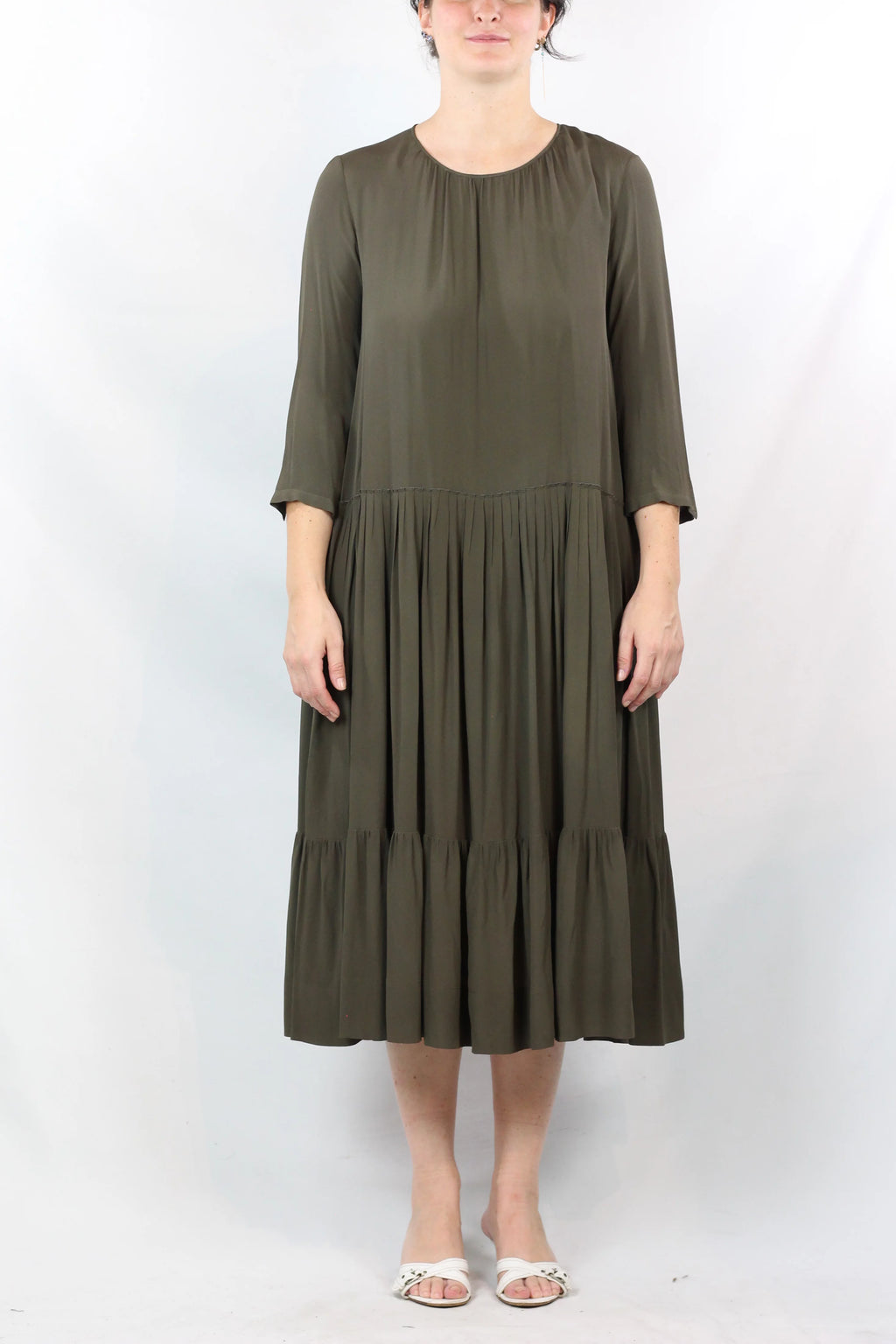 Silk Pleated Maxi Dress with Ruffle Detail