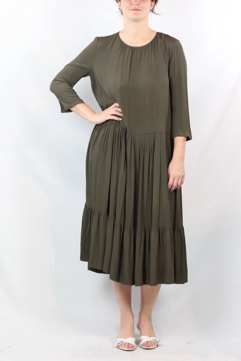 Silk Pleated Maxi Dress with Ruffle Detail