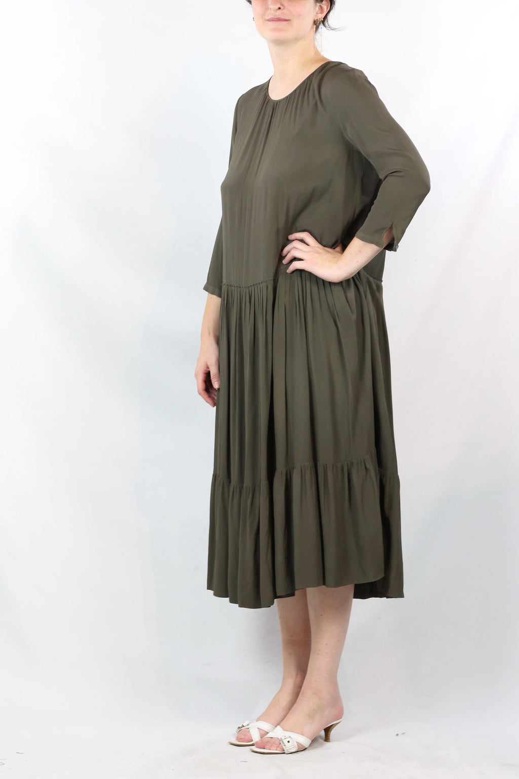 Silk Pleated Maxi Dress with Ruffle Detail