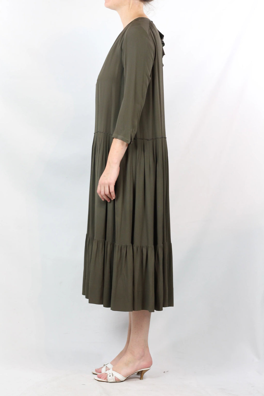 Silk Pleated Maxi Dress with Ruffle Detail