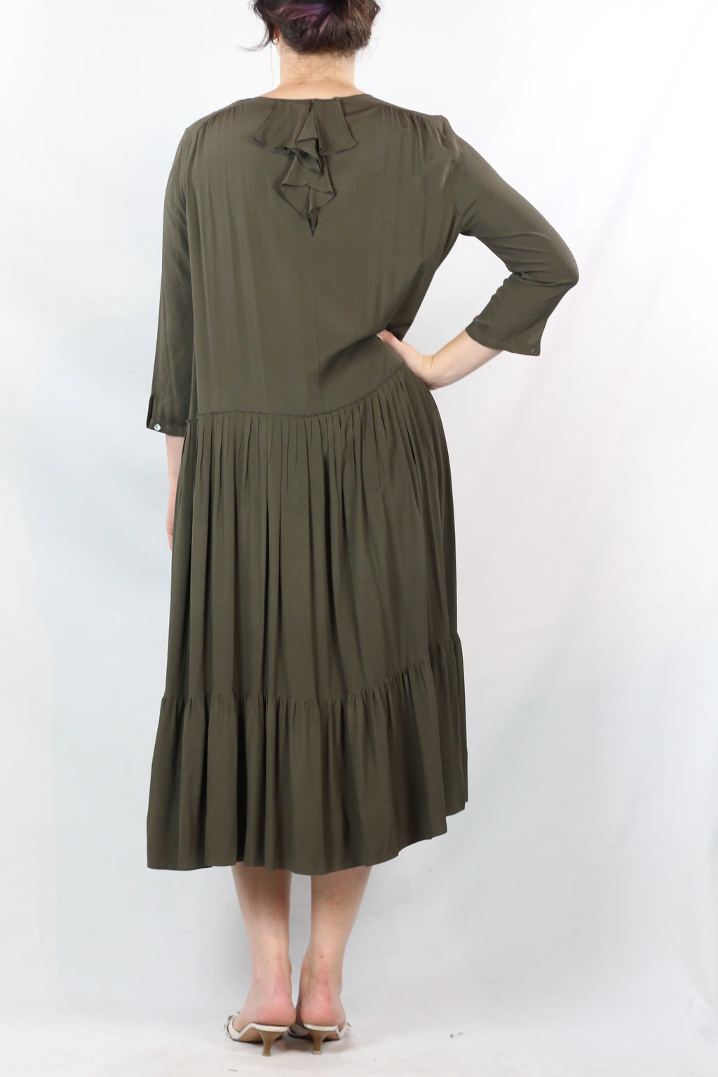 Silk Pleated Maxi Dress with Ruffle Detail