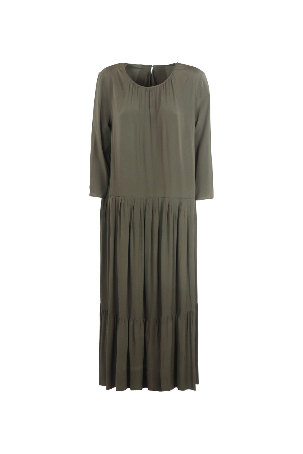 Silk Pleated Maxi Dress with Ruffle Detail