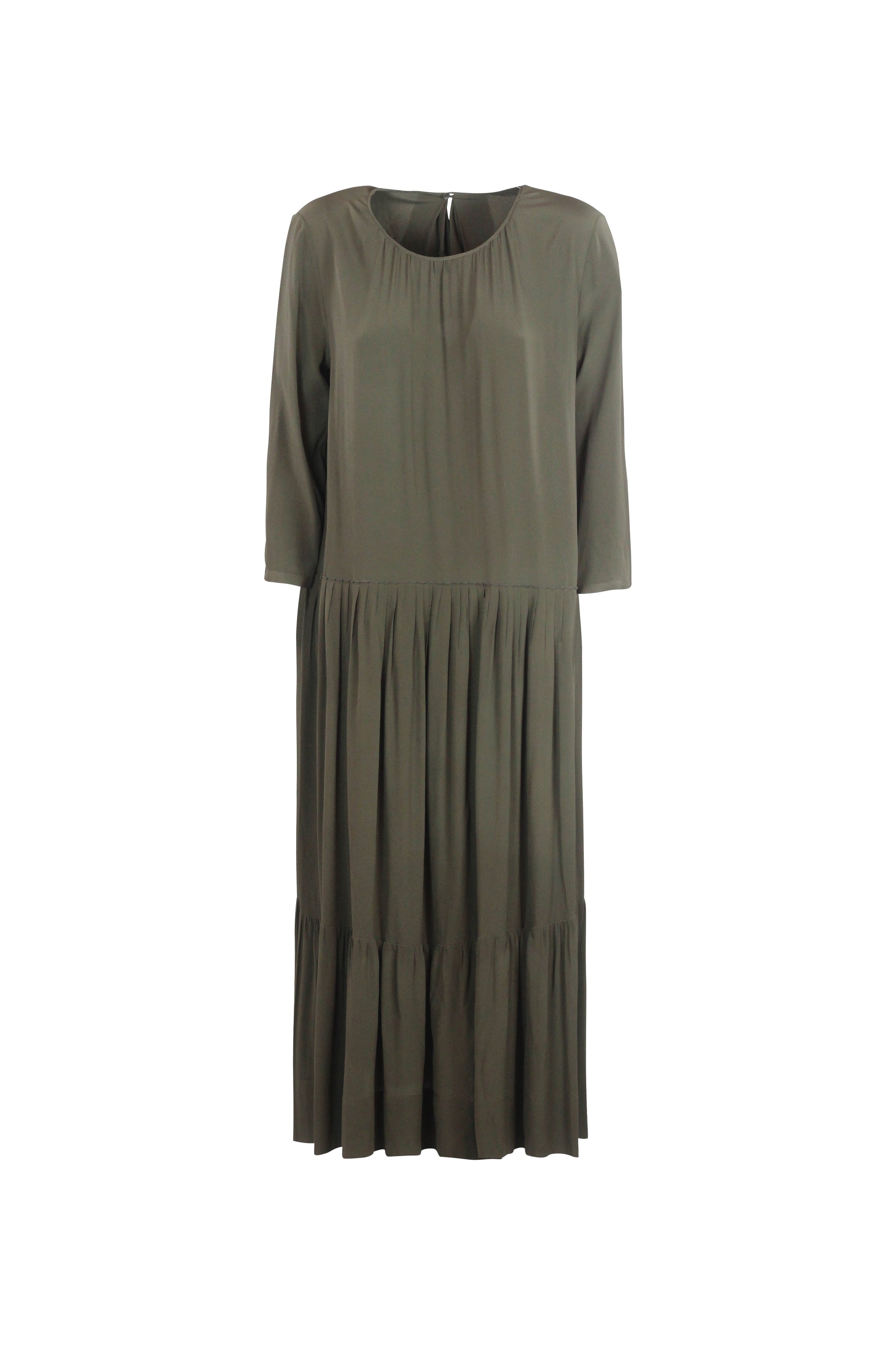 Silk Pleated Maxi Dress with Ruffle Detail
