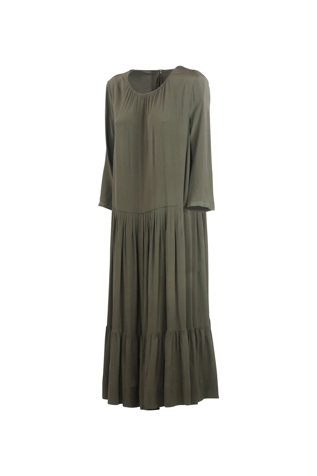 Silk Pleated Maxi Dress with Ruffle Detail