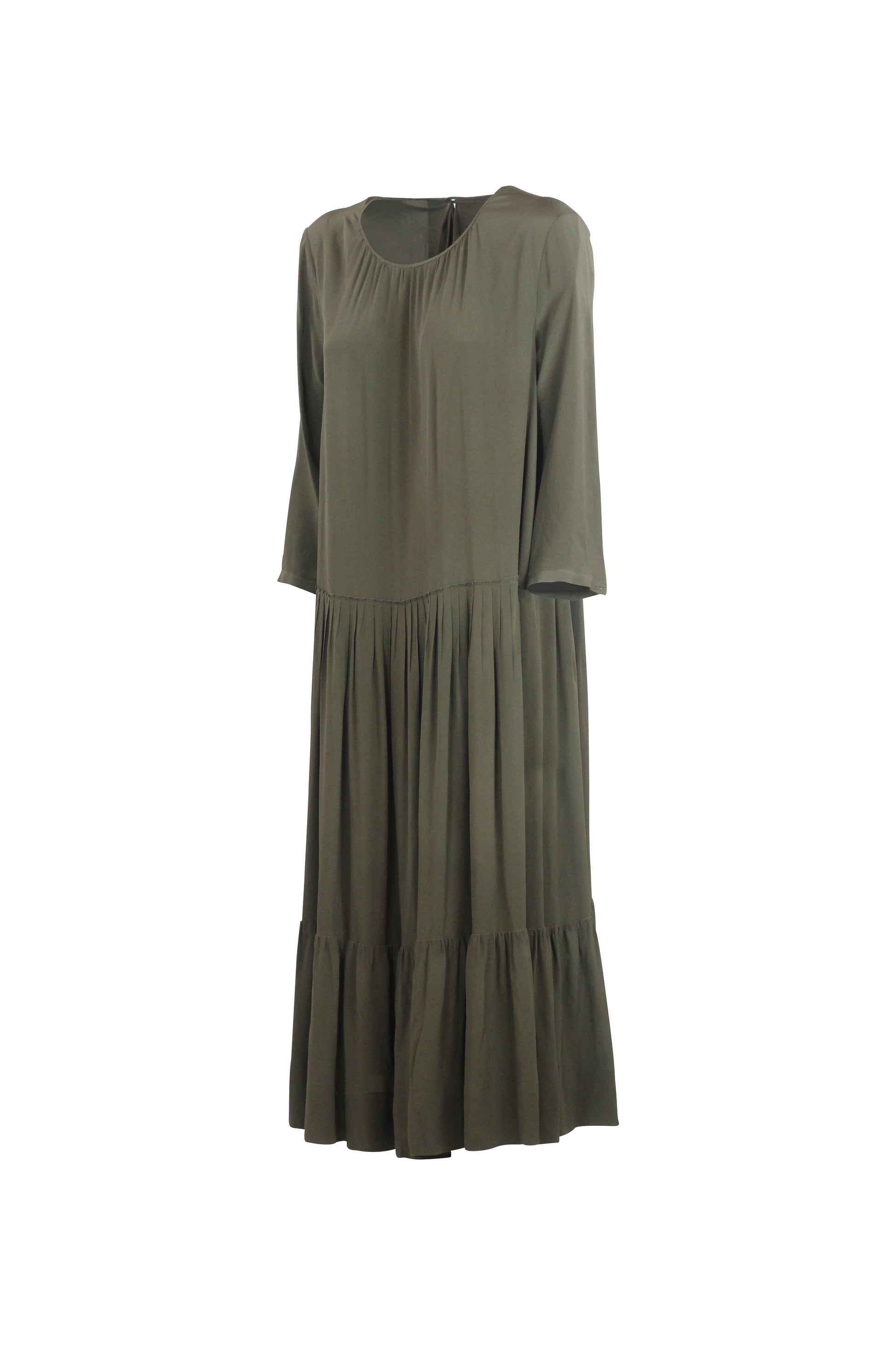 Silk Pleated Maxi Dress with Ruffle Detail