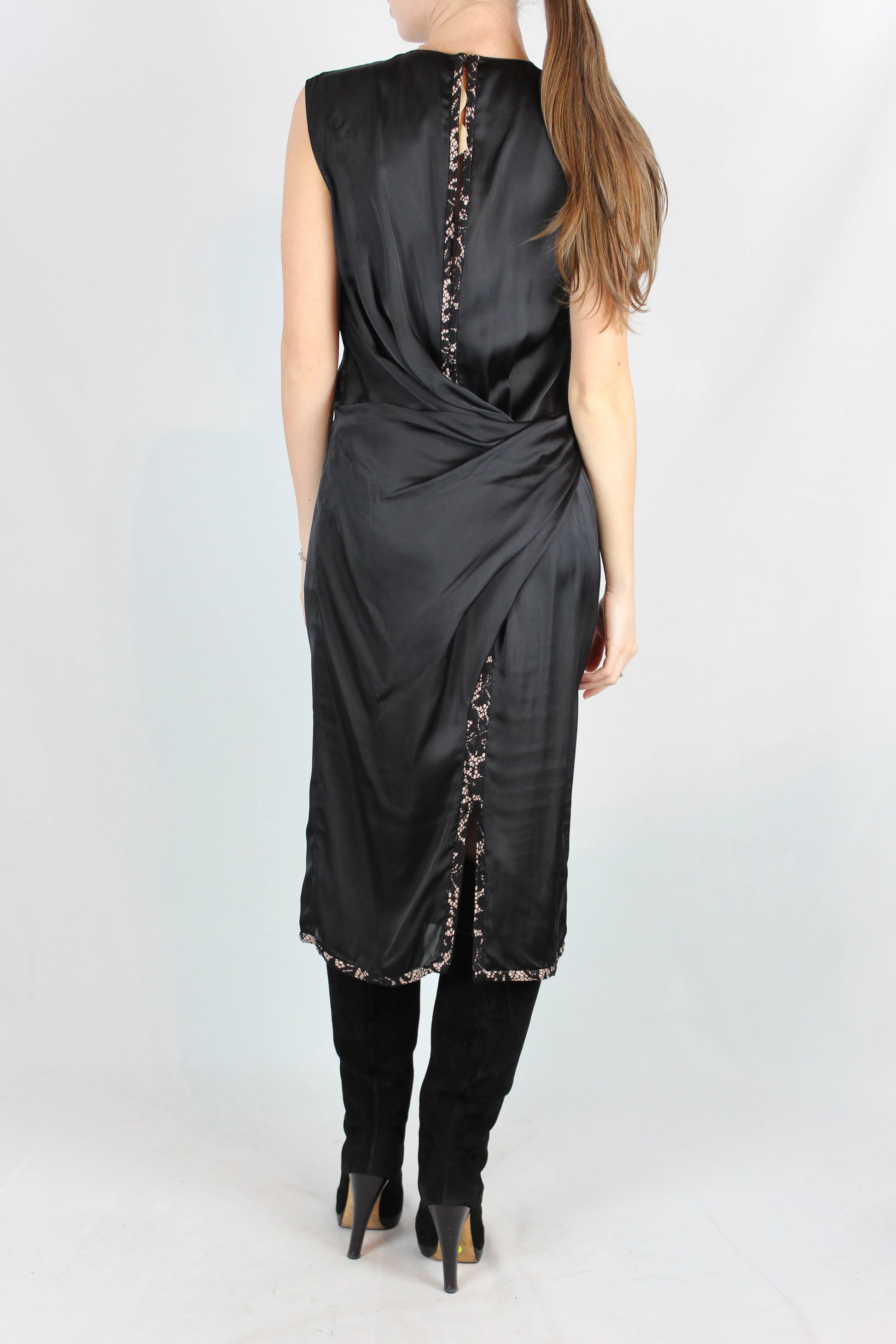 Black Silk Sleeveless Dress with Pink Lace Hem and Draped Back