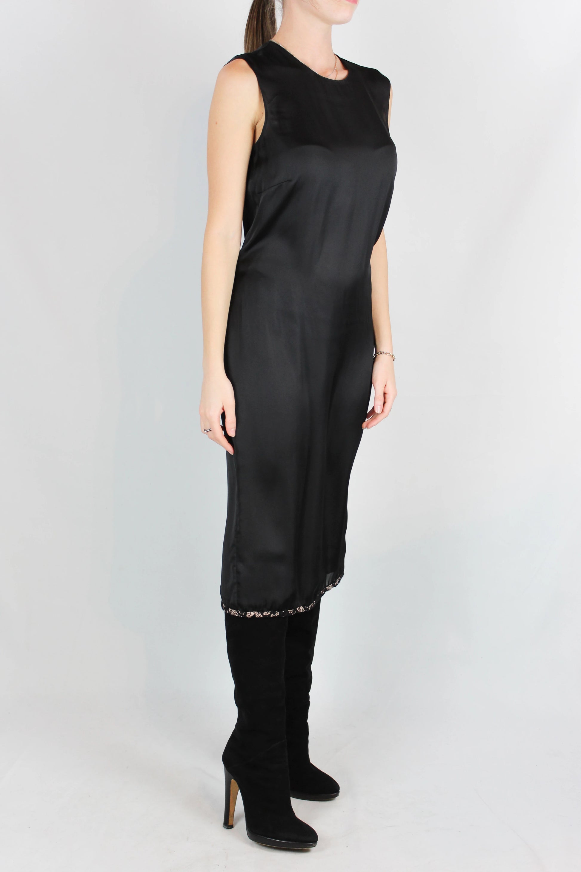Black Silk Sleeveless Dress with Pink Lace Hem and Draped Back