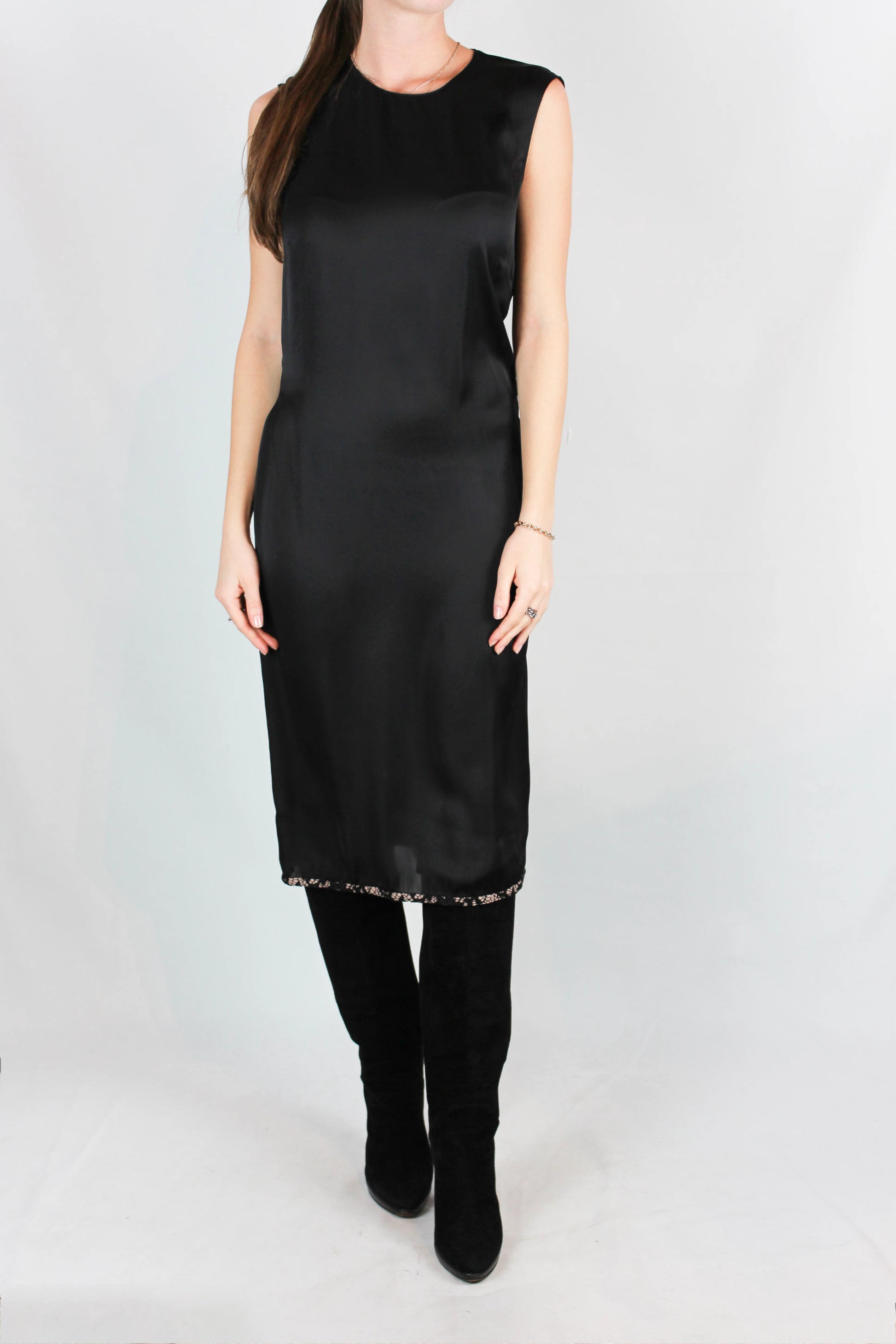 Black Silk Sleeveless Dress with Pink Lace Hem and Draped Back
